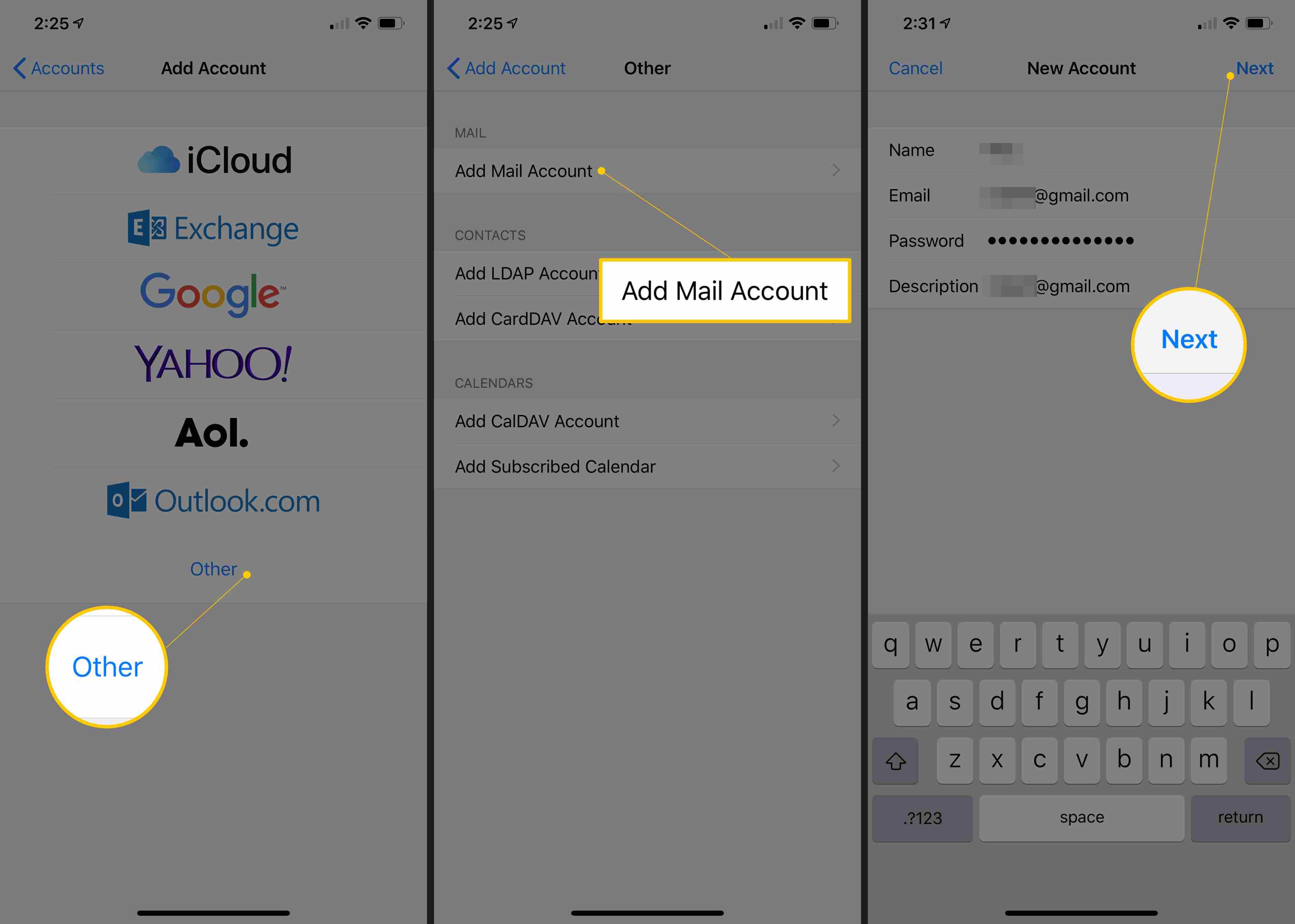 Другая учетная запись, Добавить учетную запись почты и кнопки «Далее» в настройках iOS