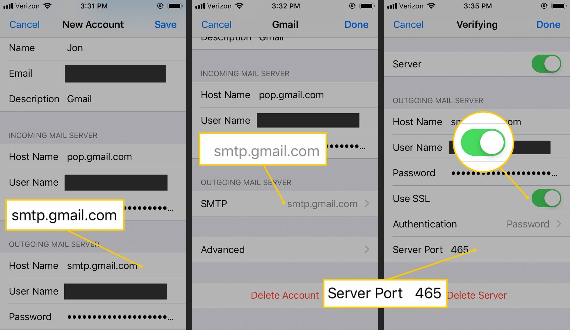 smtp.gmail.com, включение SSL и порт сервера 465 в настройках iOS Gmail