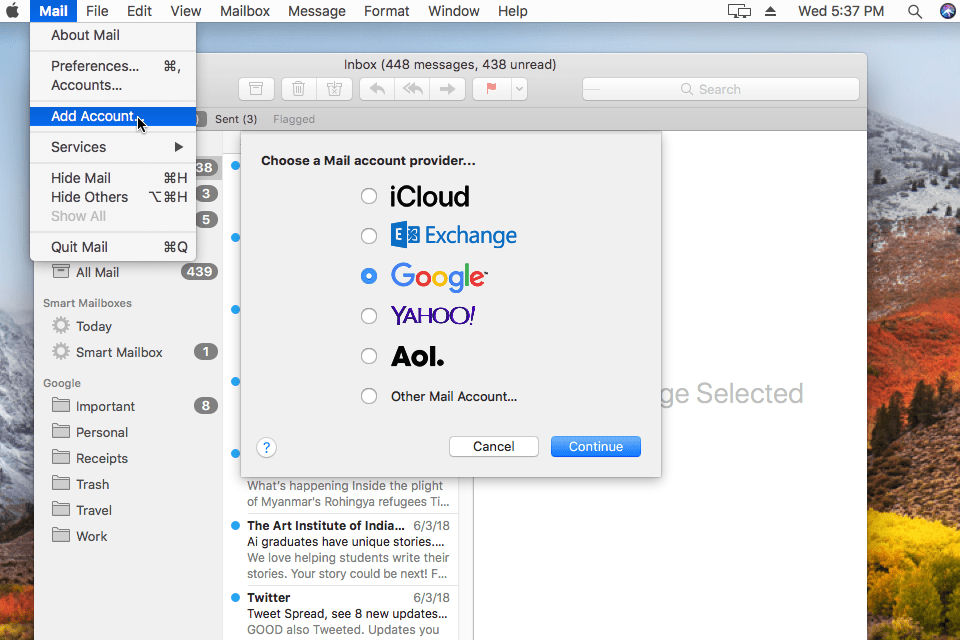 Снимок экрана, показывающий, как настроить Gmail в macOS Mail