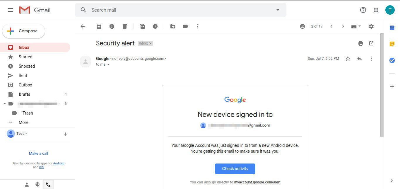 Gmail с открытым сообщением