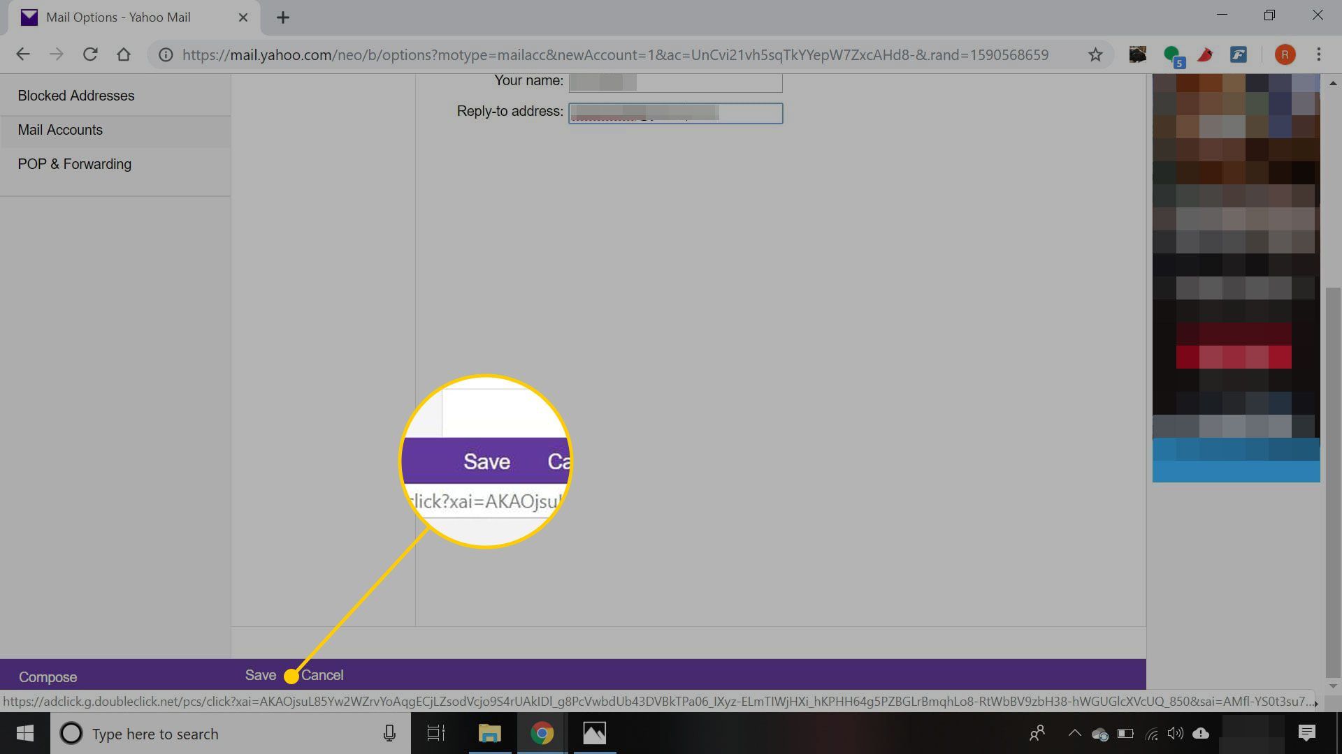 Добавление другой учетной записи в Yahoo с выделенной кнопкой сохранения