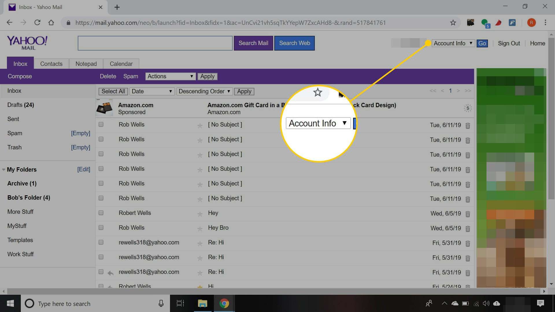 Входящие в Yahoo Mail Basic с выделенным заголовком «Информация об учетной записи»