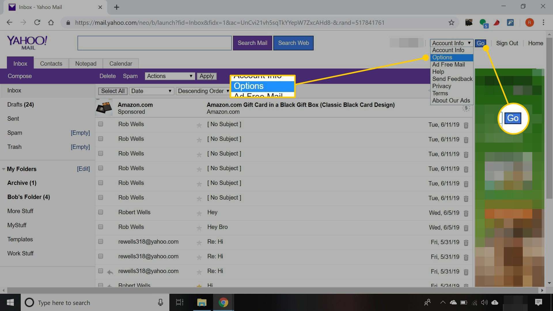 Меню информации об учетной записи в Yahoo Mail с выделенными кнопками «Параметры» и «Перейти»