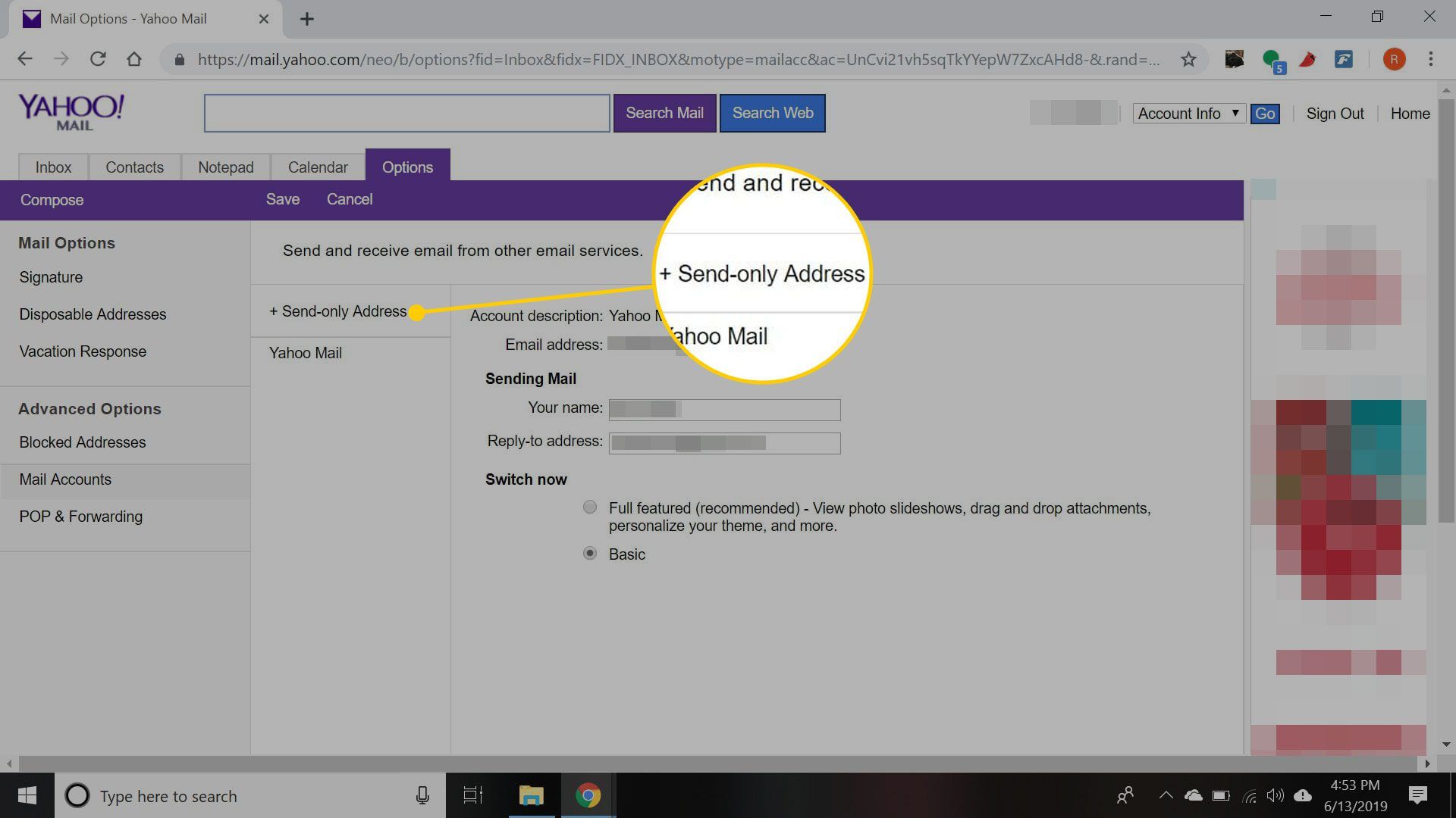 Параметры для Yahoo Mail Basic с выделенным заголовком «Адрес только для отправки»