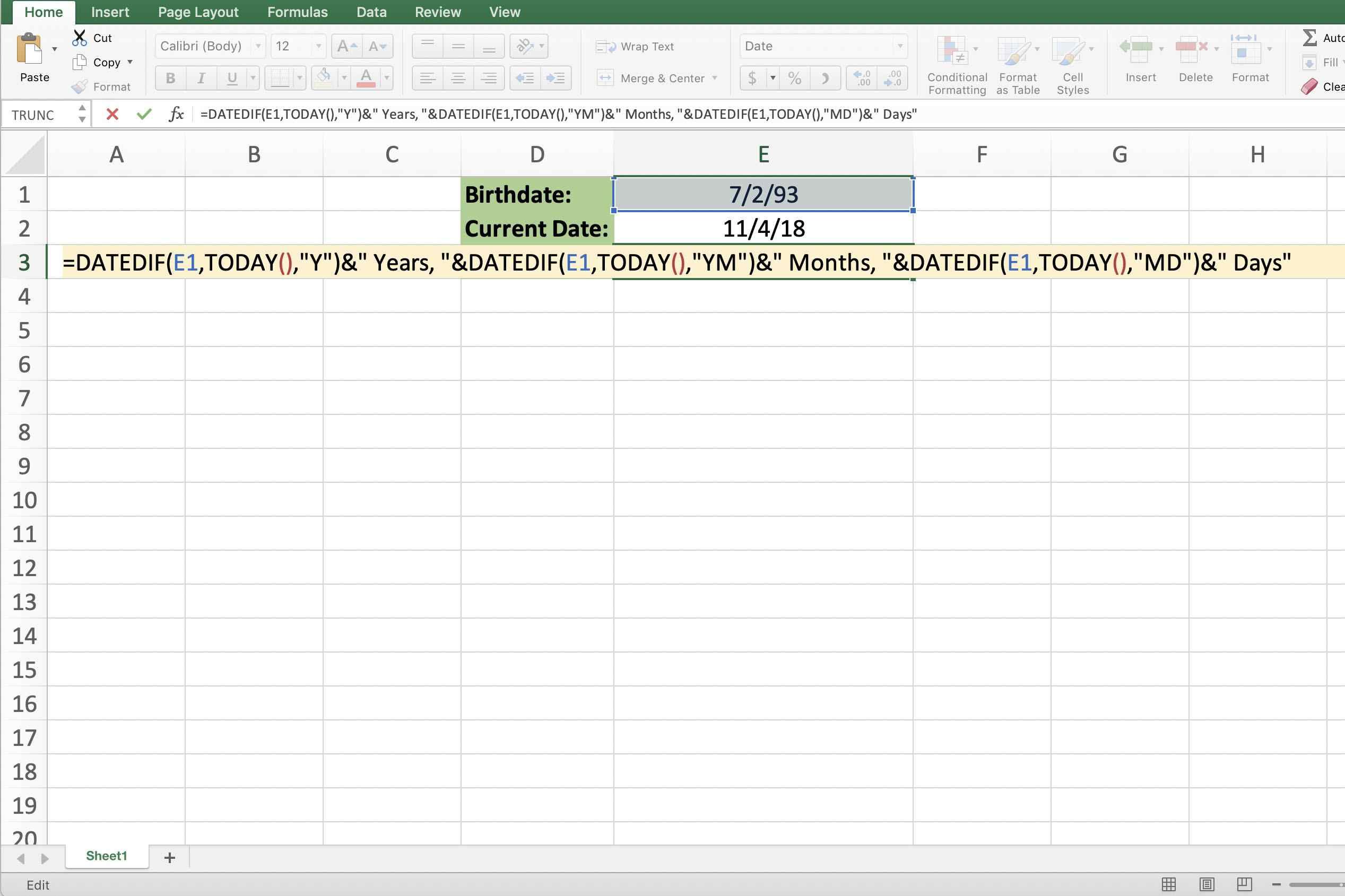 Снимок экрана Excel, показывающий всю формулу возраста