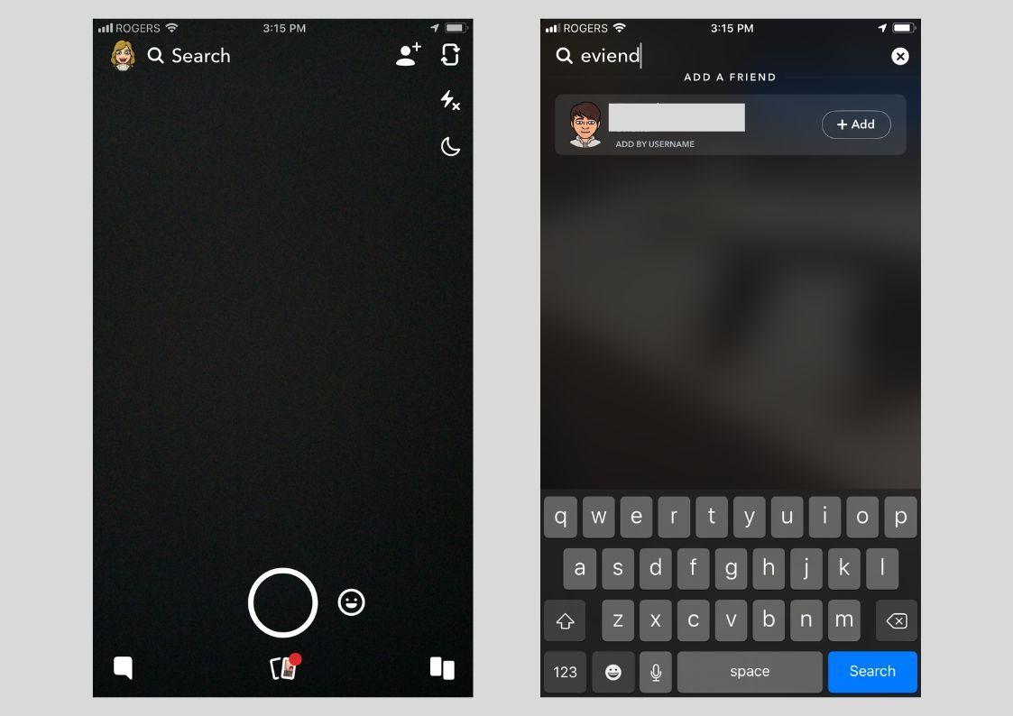 Два скриншота приложения Snapchat для iOS.