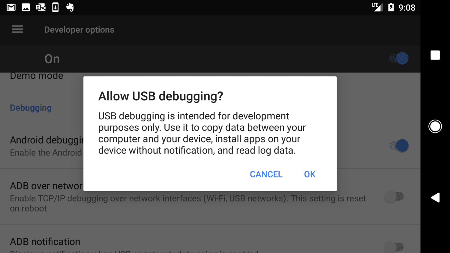 Скриншот включения отладки через USB на Android
