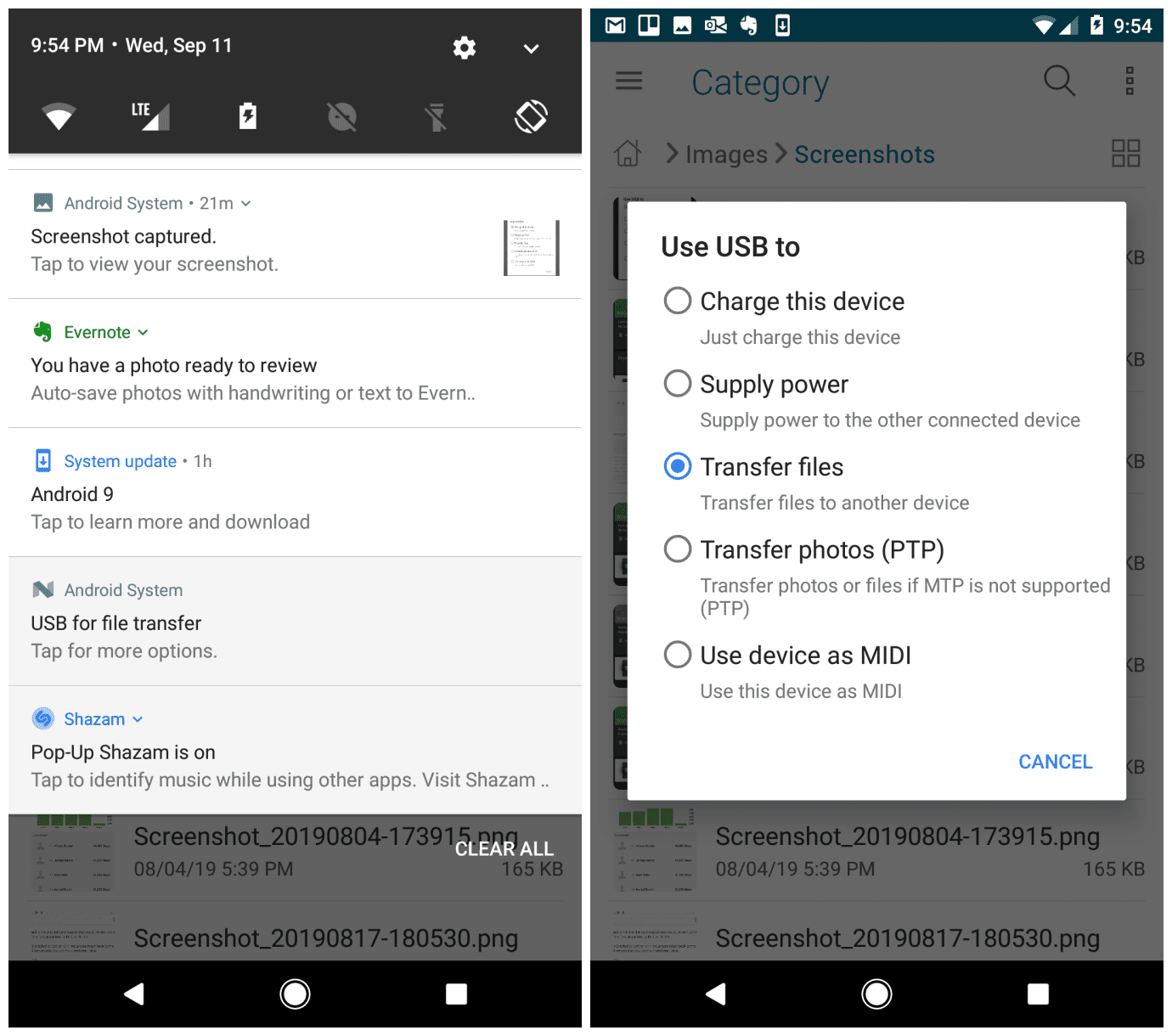 Снимок экрана выбора передачи файлов для Android USB