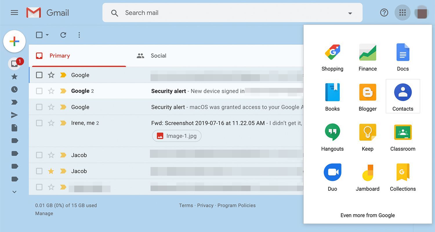 Опция контактов в меню Gmail