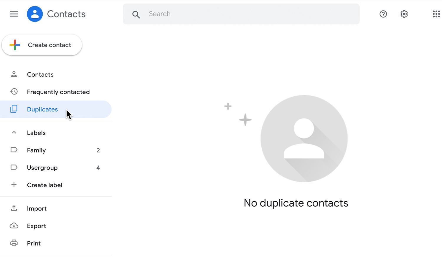 Экран дубликатов контактов Gmail без дубликатов