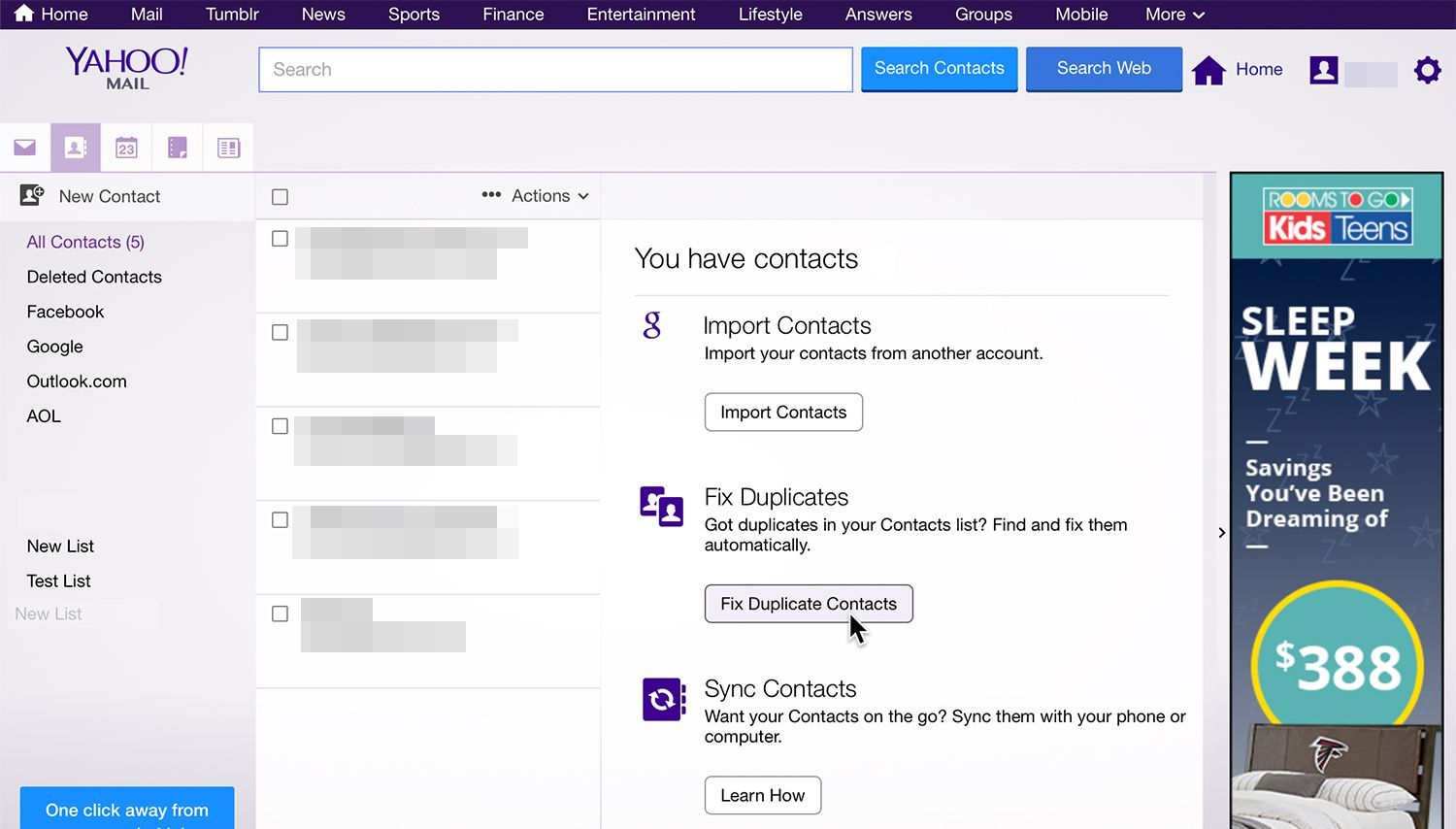 Экран контактов Yahoo, показывающий опцию Fix Duplicate Contacts