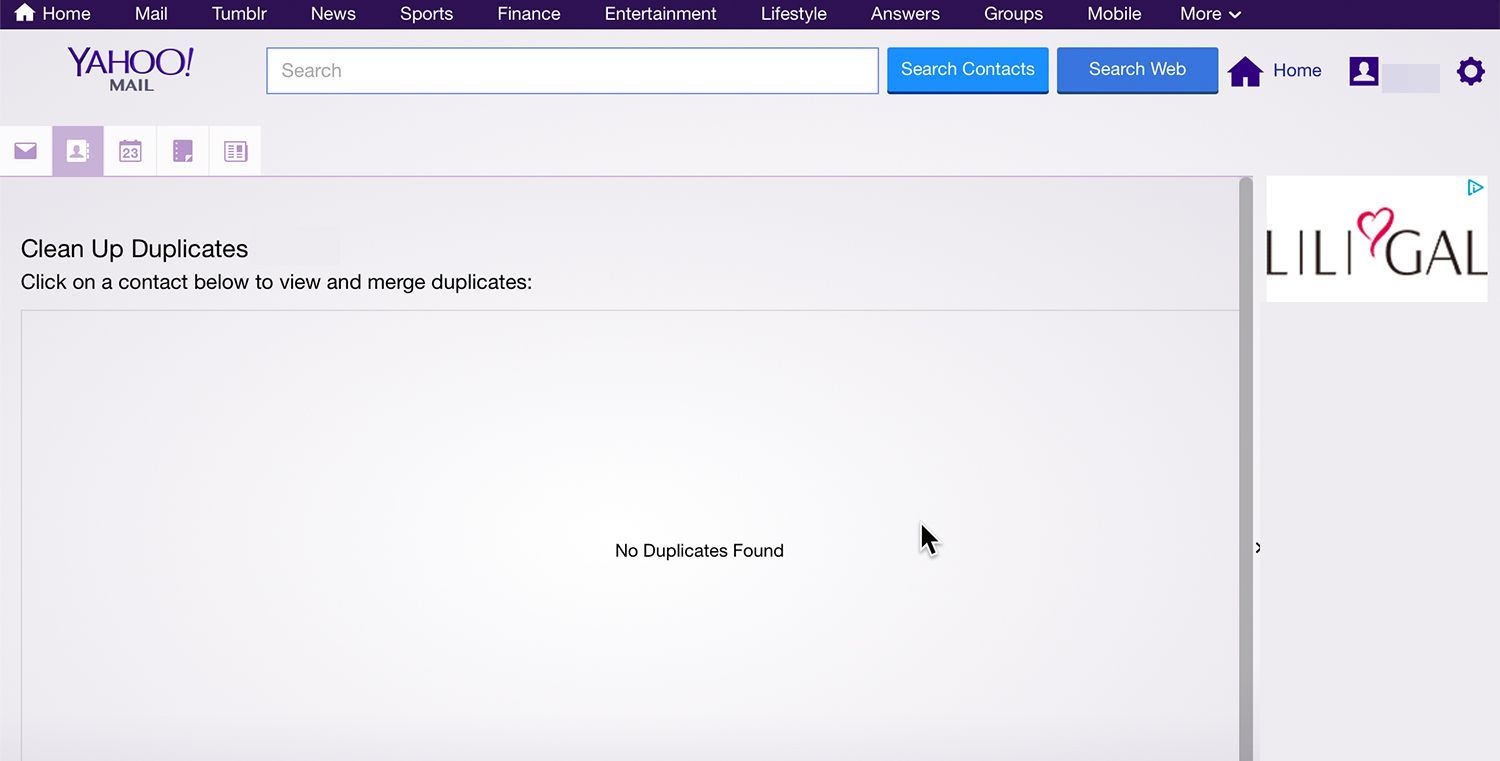 Экран дубликатов Yahoo показывает отсутствие дубликатов.
