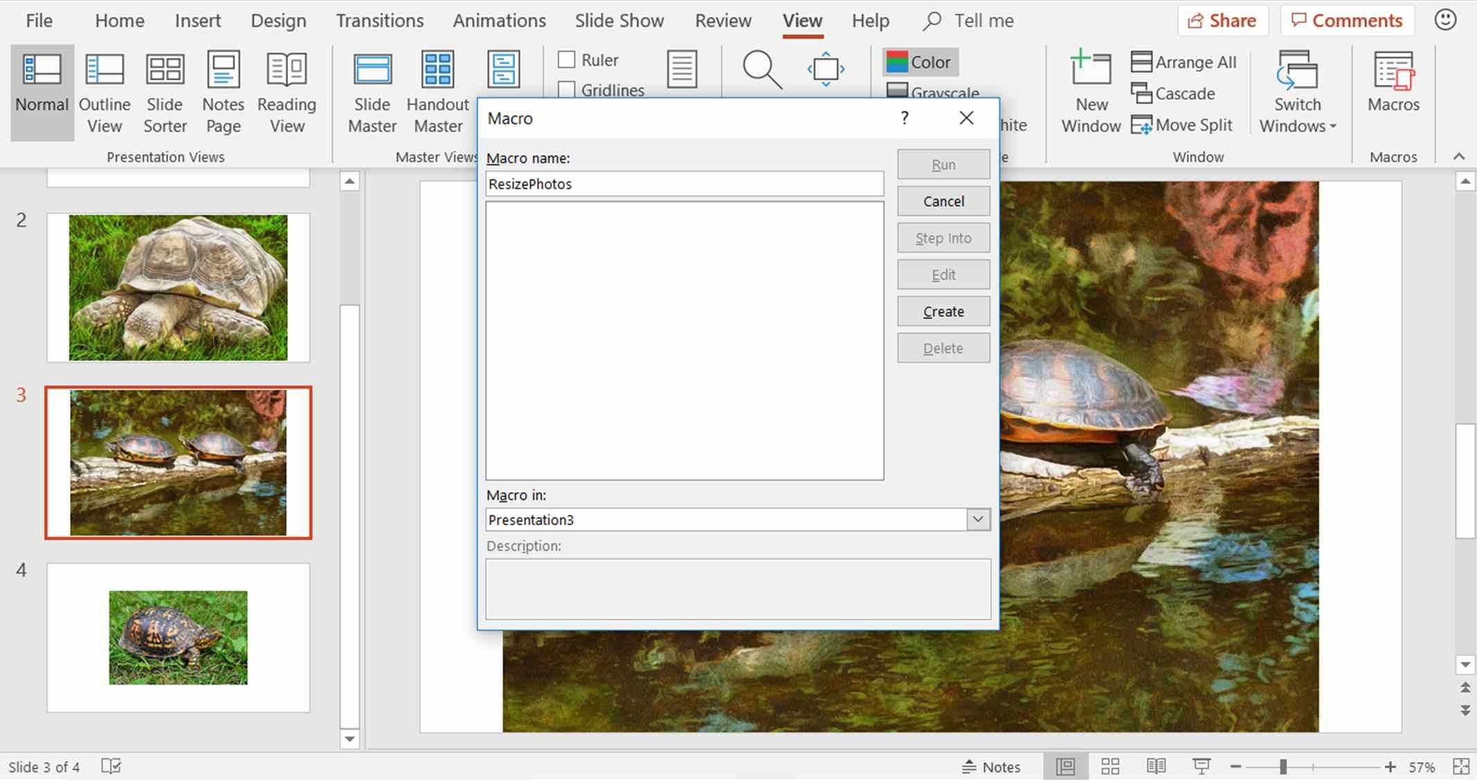 Снимок экрана, показывающий, как назвать макрос в PowerPoint