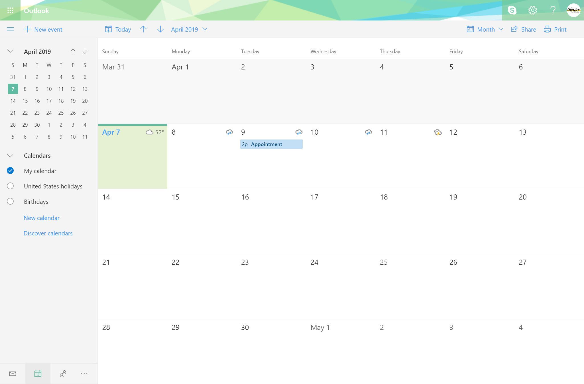 Страница Outlook.com с выбранным календарем