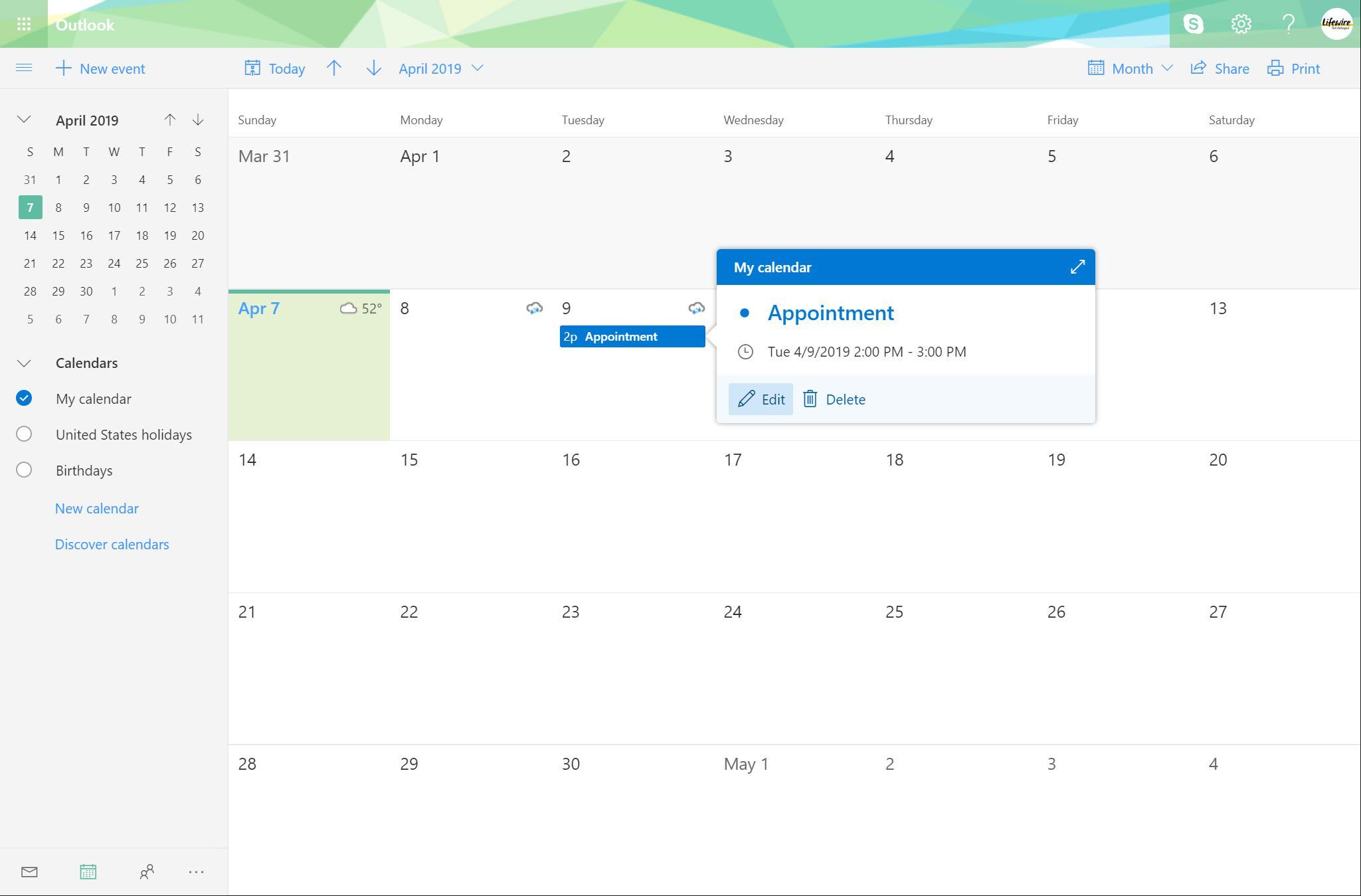 Событие календаря Outlook.com выбрано