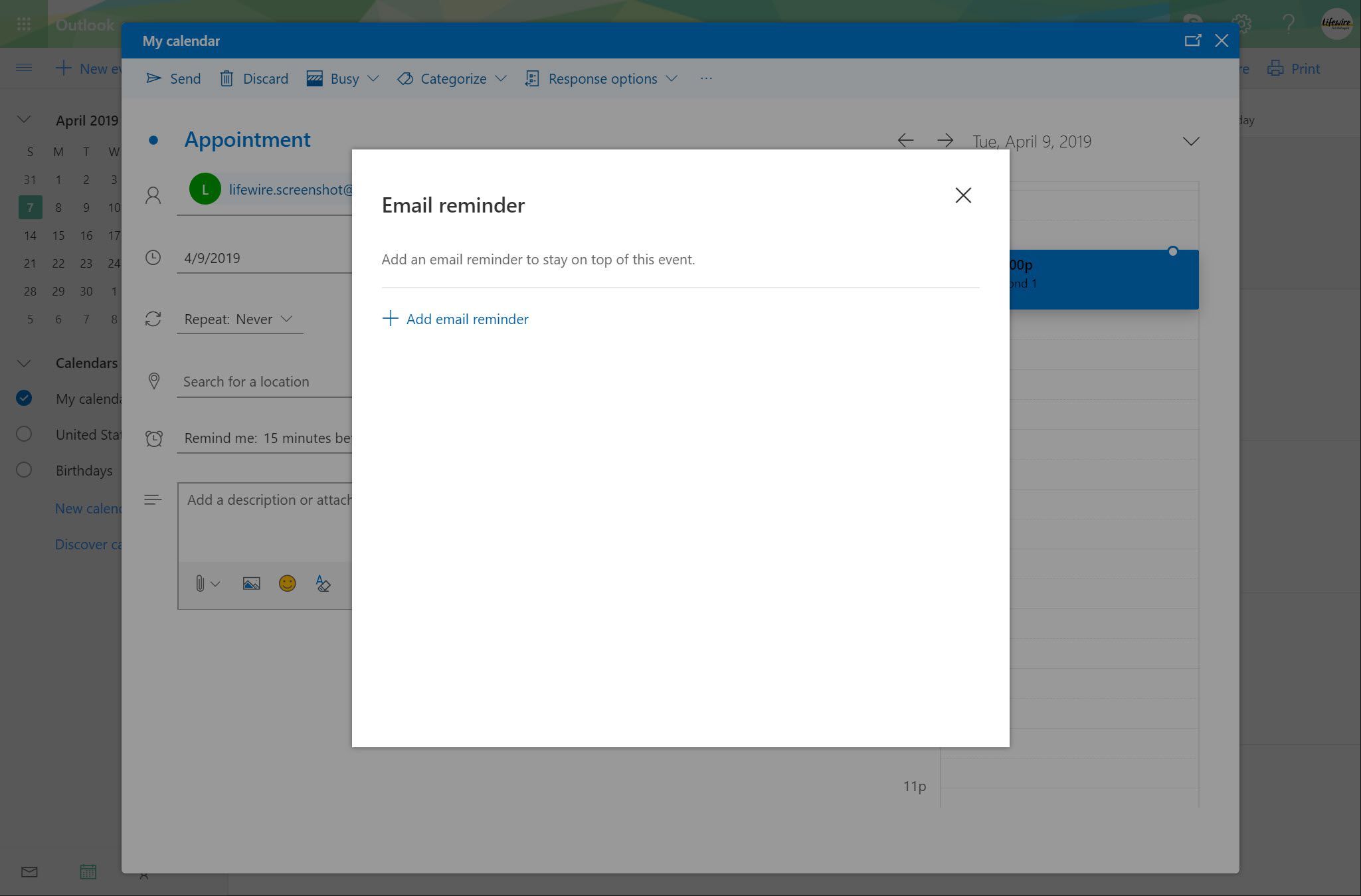 Окно напоминания электронной почты Outlook.com с опцией Добавить напоминание электронной почты