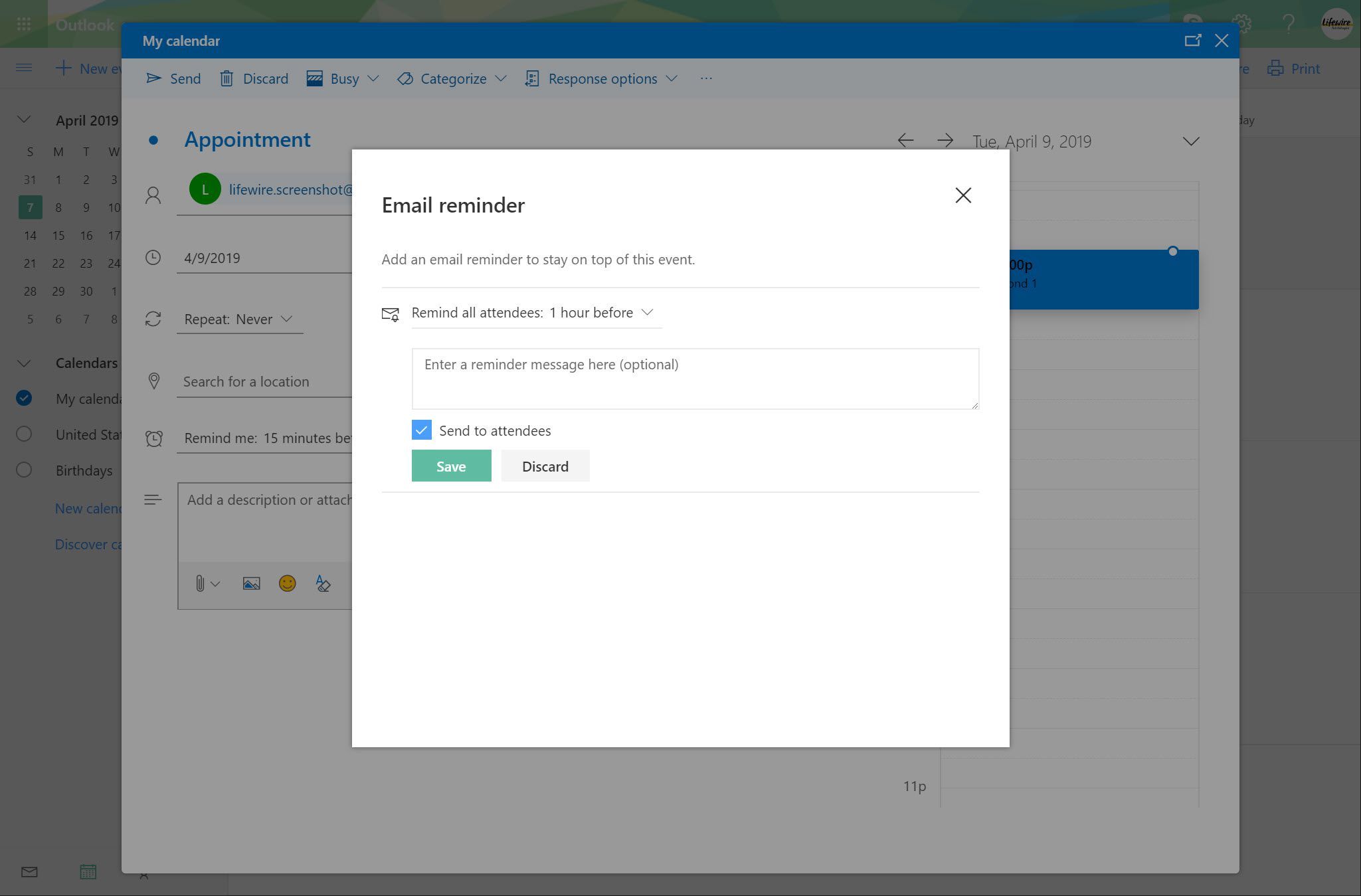 Outlook.com Email окно напоминания с установленным флажком Отправить посетителям