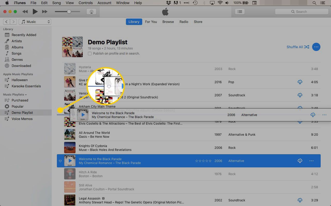 Перетаскивание, чтобы изменить порядок песен в плейлисте в iTunes