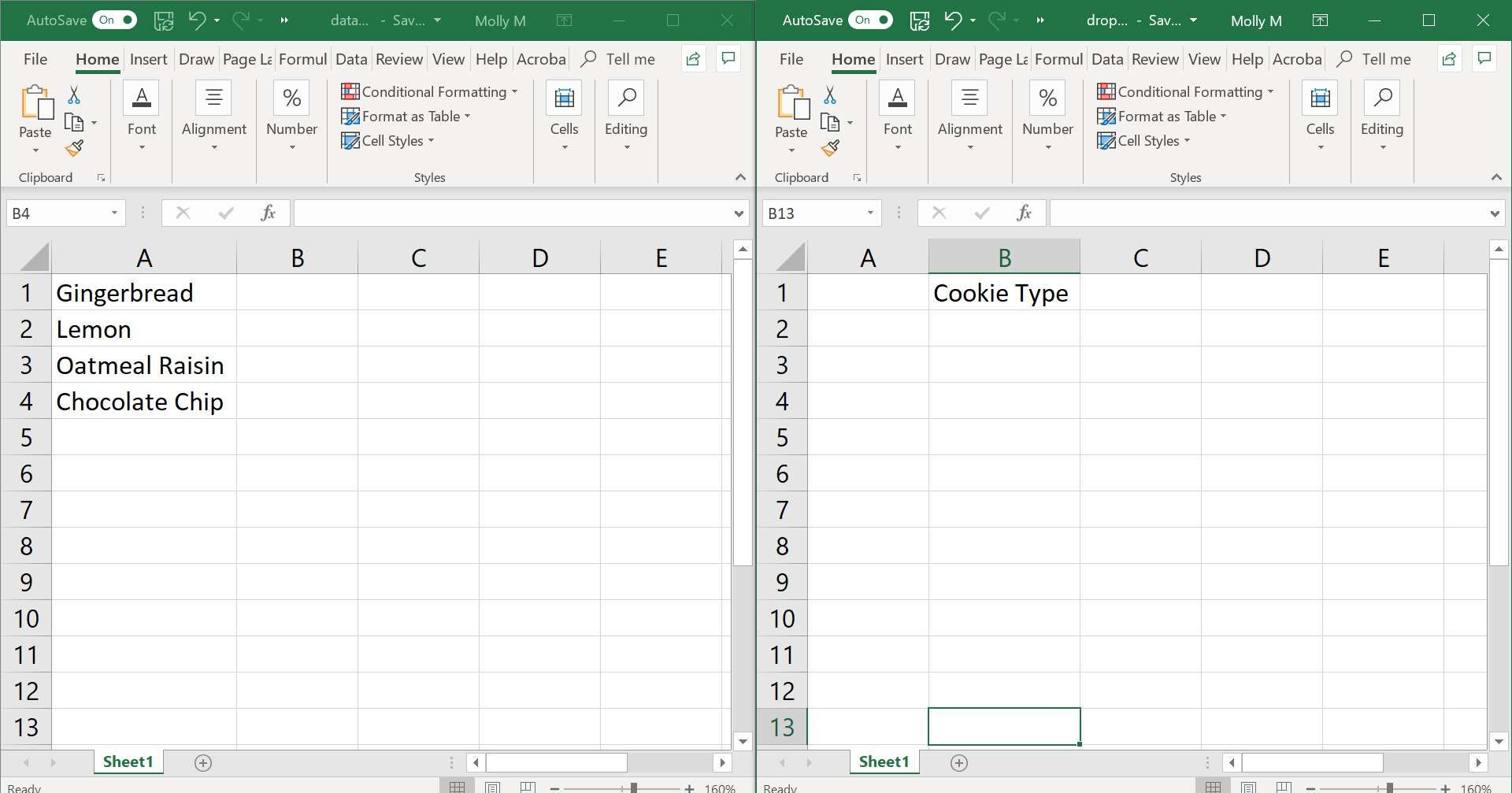 Две таблицы Excel вместе, одна со списком файлов cookie.