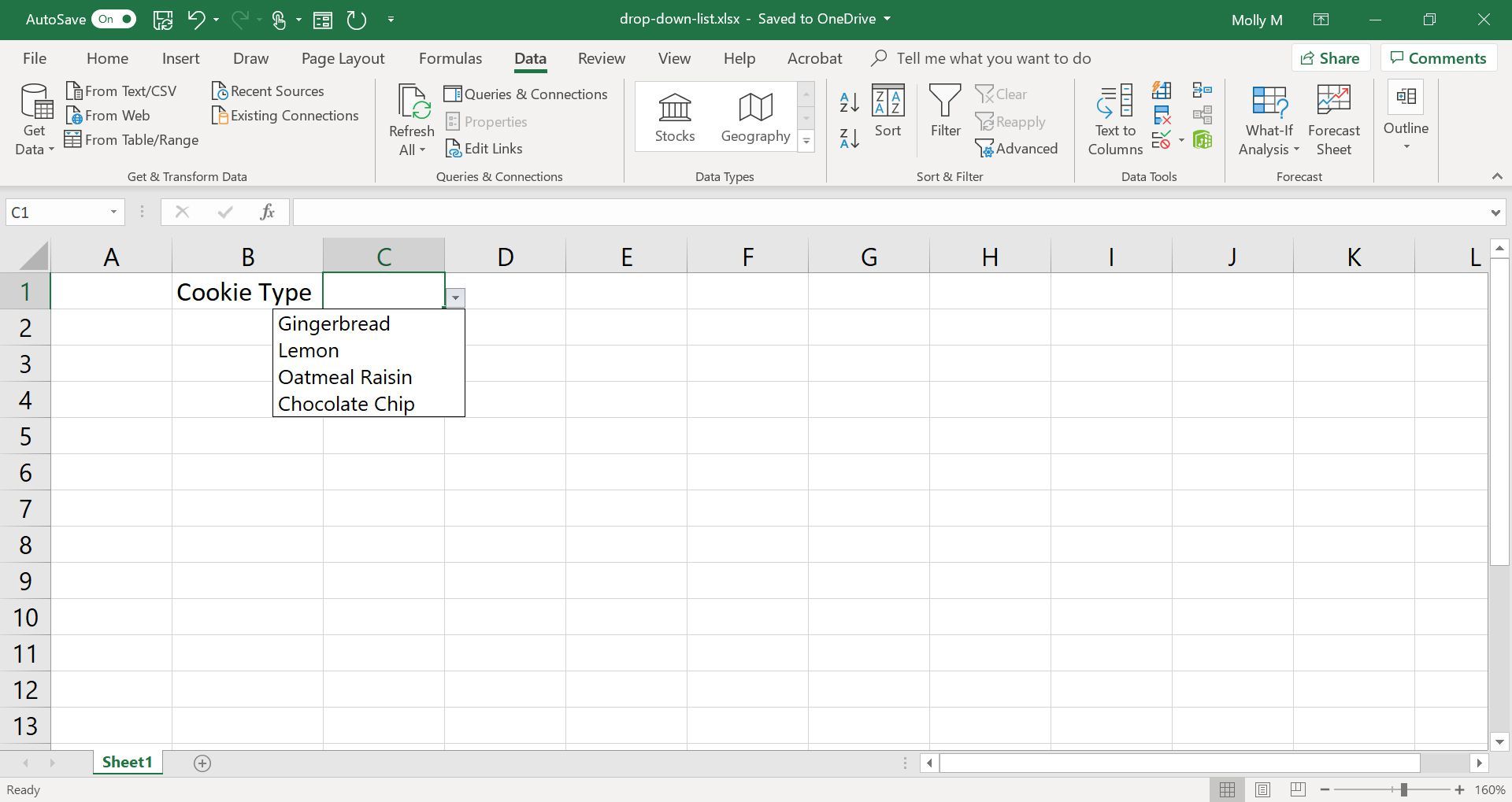 Лист Excel с выпадающим списком типов файлов cookie.