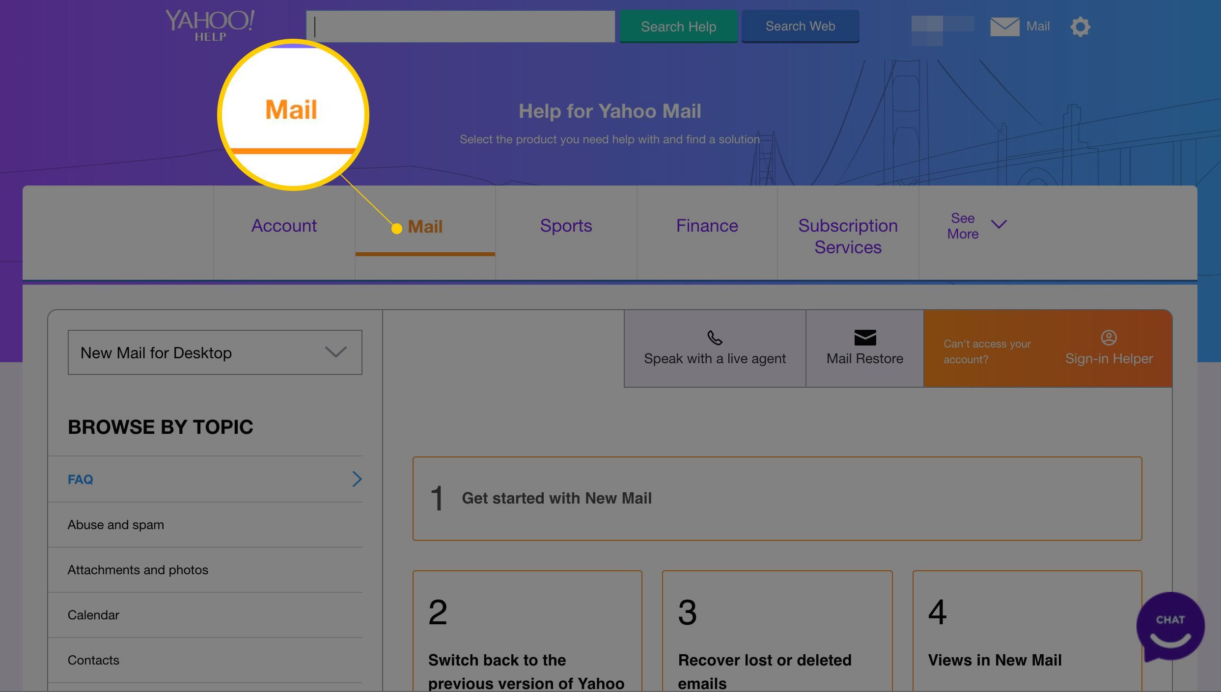 Вкладка "Почта" в веб-сайте "Помощь для Yahoo Mail" .