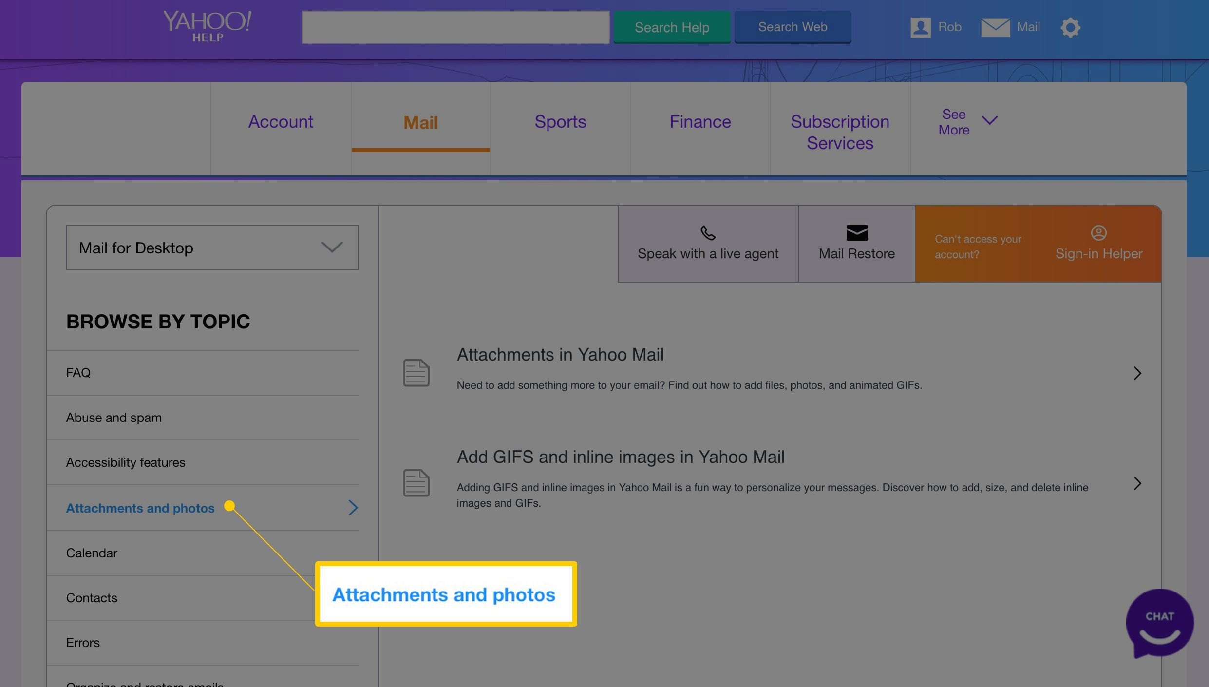 Раздел «Поиск по теме» на странице поддержки Yahoo Mail с указанием темы «Приложения и фотографии»