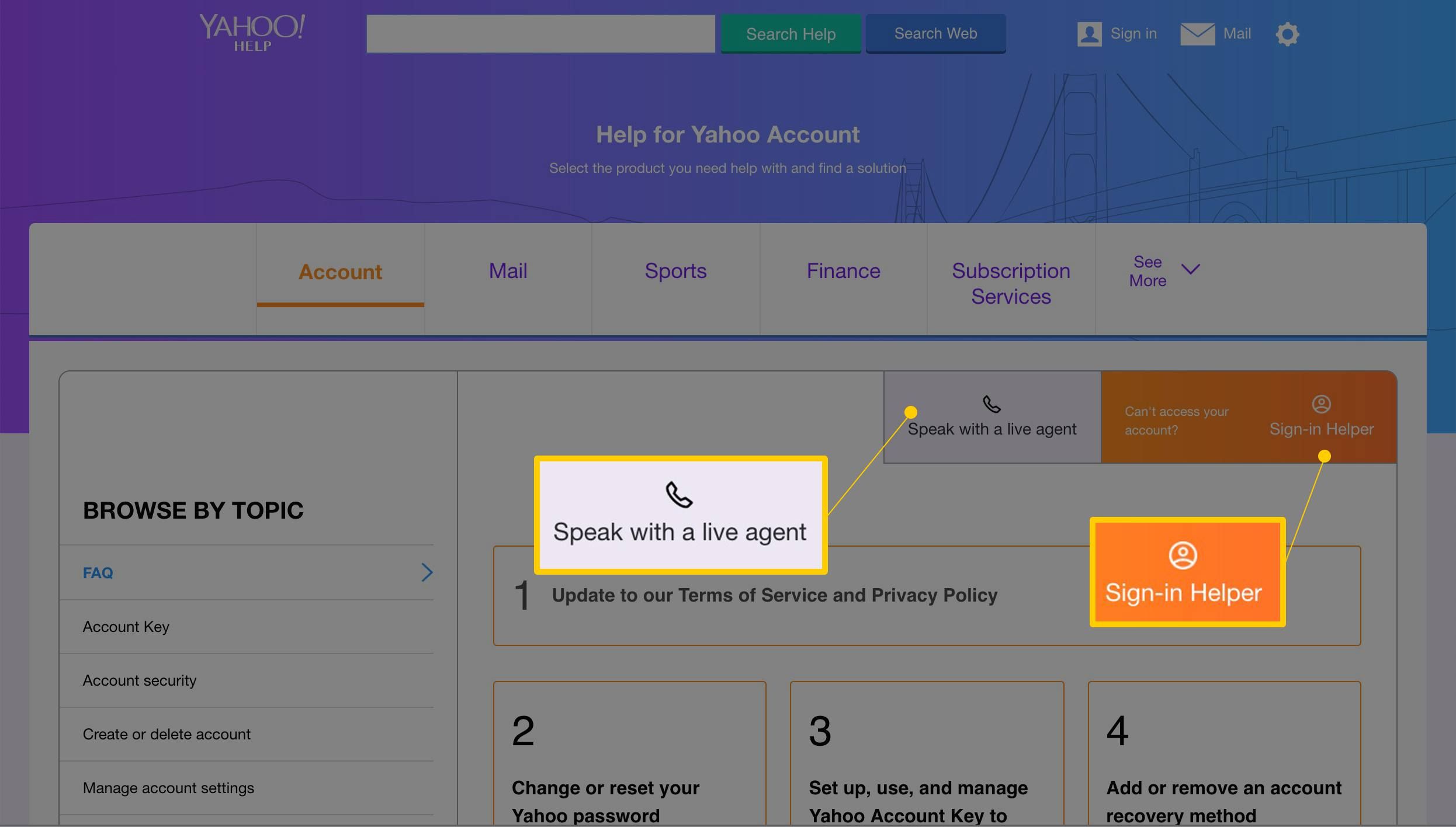 Поговорите с живым агентом и кнопками входа в систему на странице поддержки почты Yahoo.