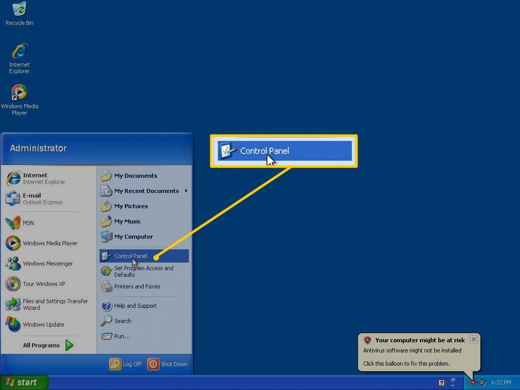 Панель управления в Windows XP, меню Пуск