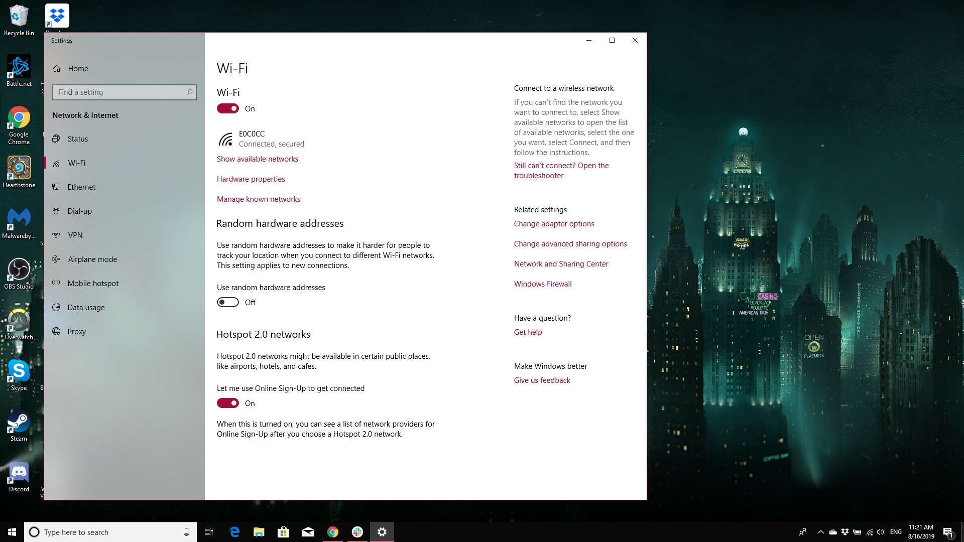 Снимок экрана настроек Windows 10 Wi-Fi