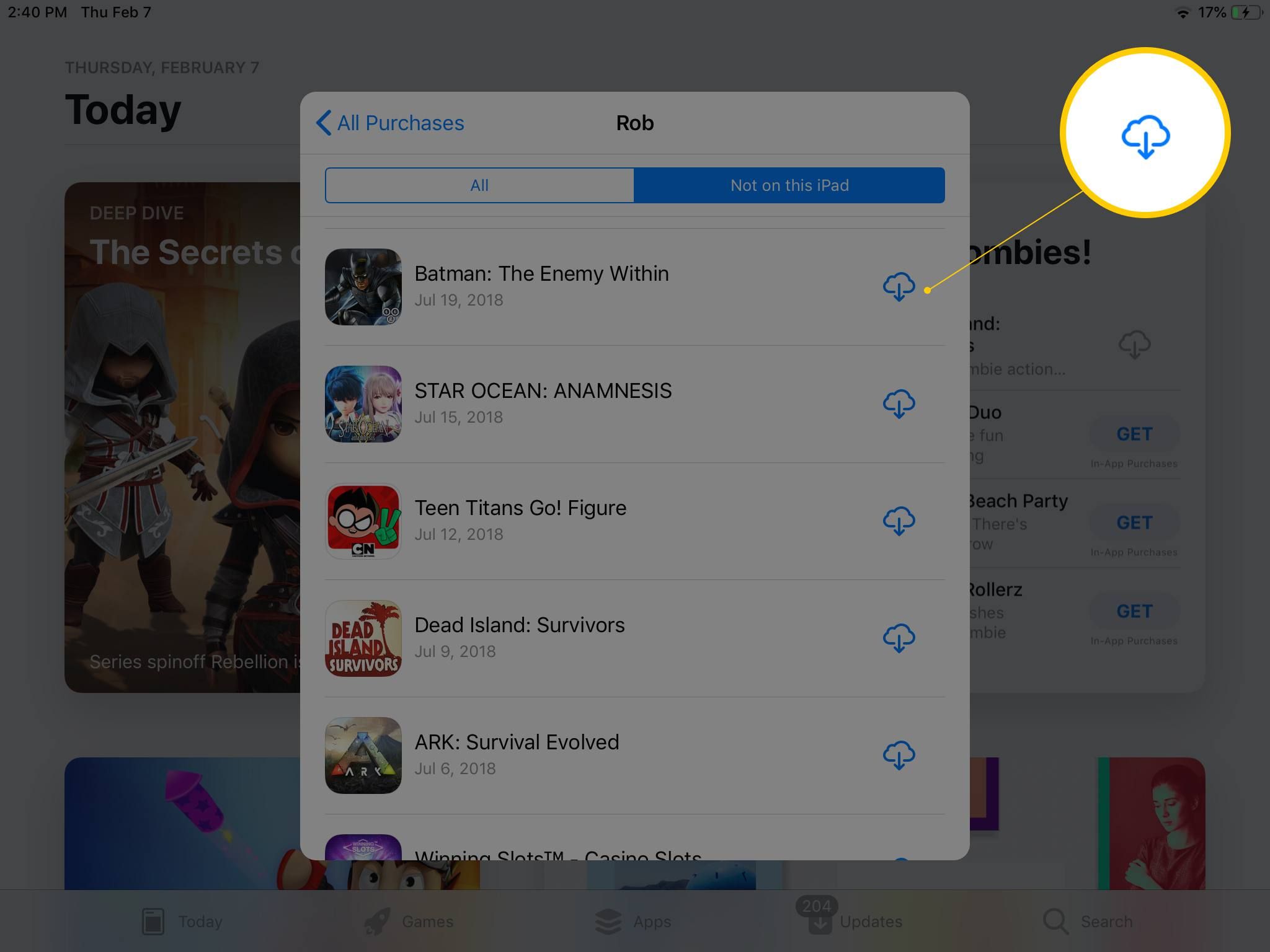 Кнопка iCloud для повторной загрузки ранее приобретенного приложения на iPad