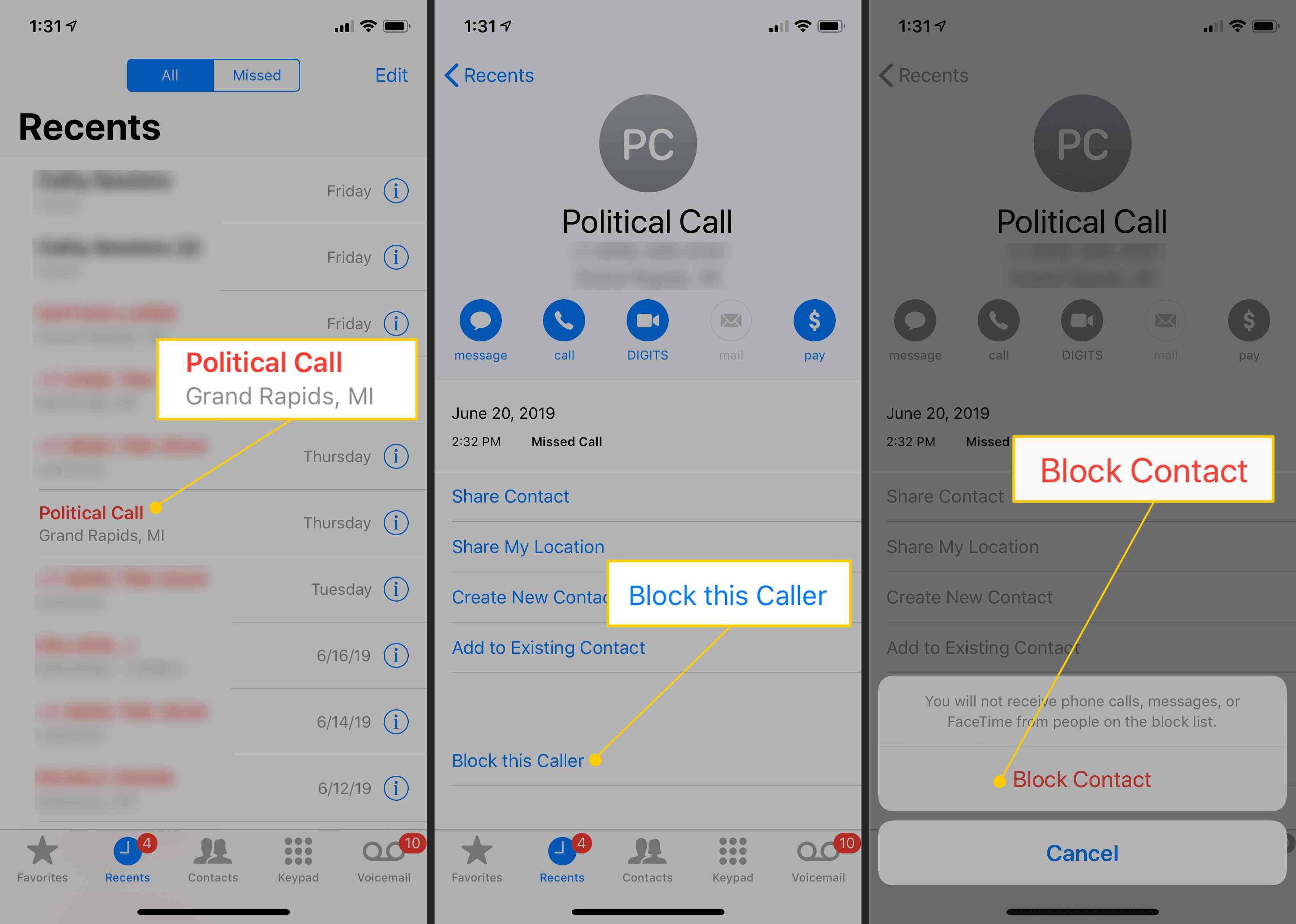 Запись звонков в режиме «Недавние», кнопка «Блокировать звонящего», подтверждение блокировки контакта на iPhone
