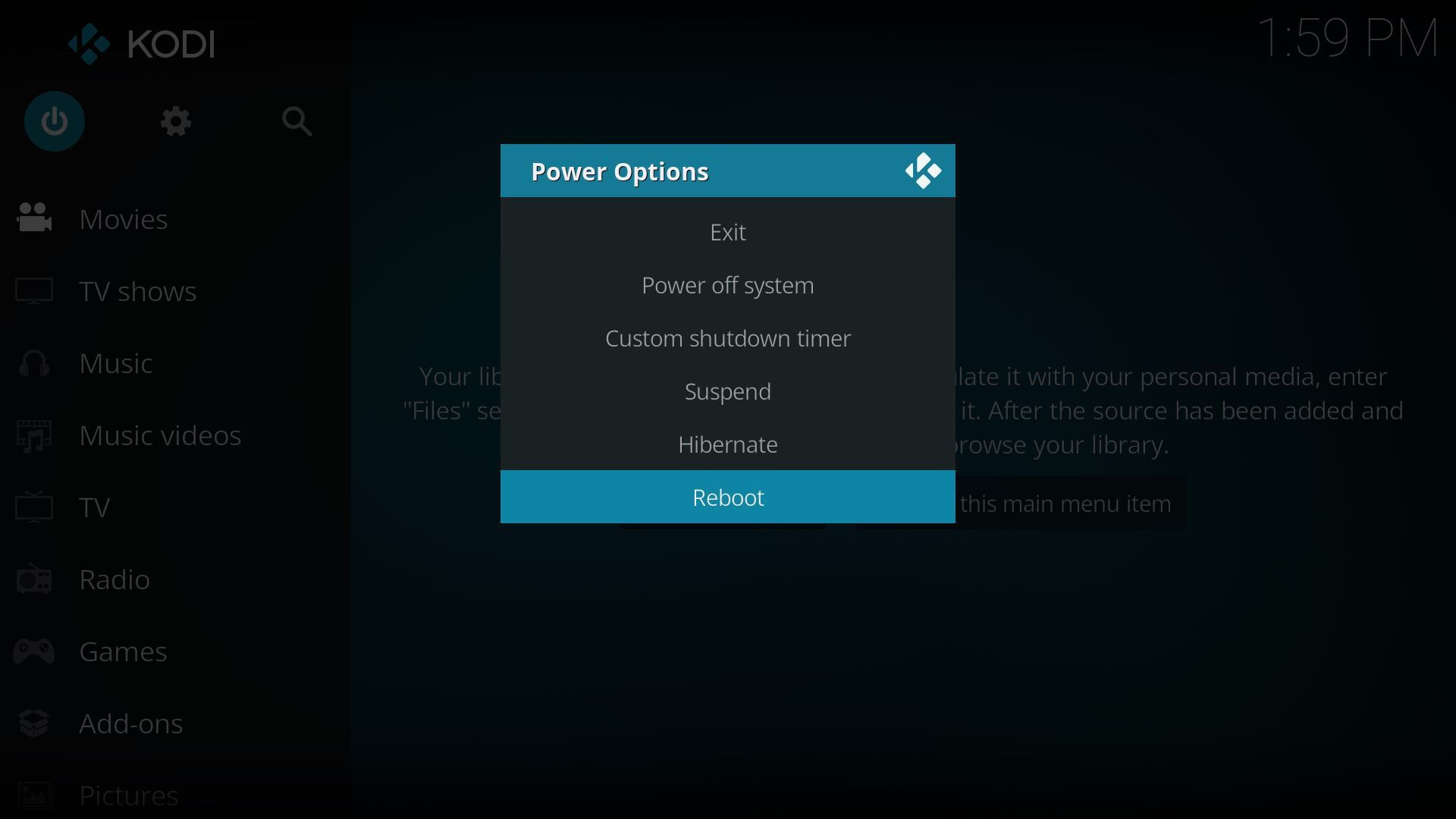 Скриншот Kodi, показывающий меню Power Options.