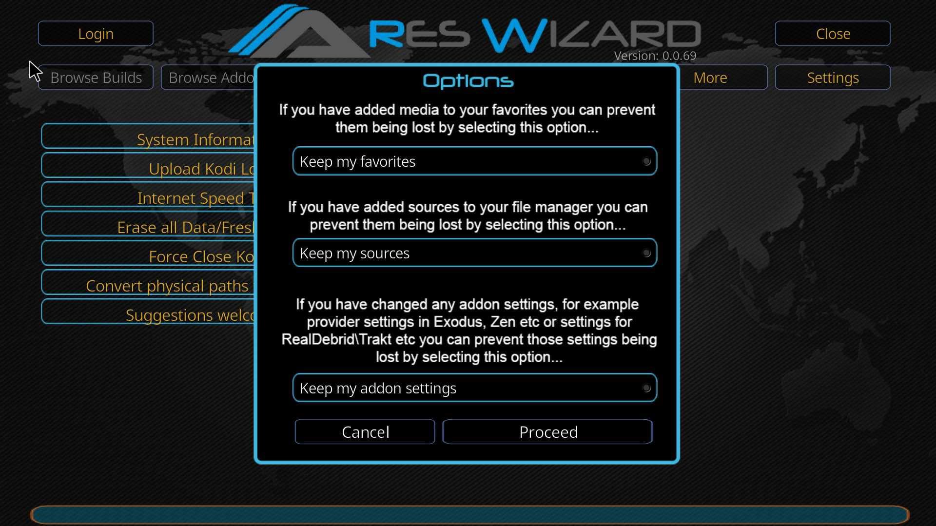 Ares Wizard в Kodi показывает опции для очистки данных.