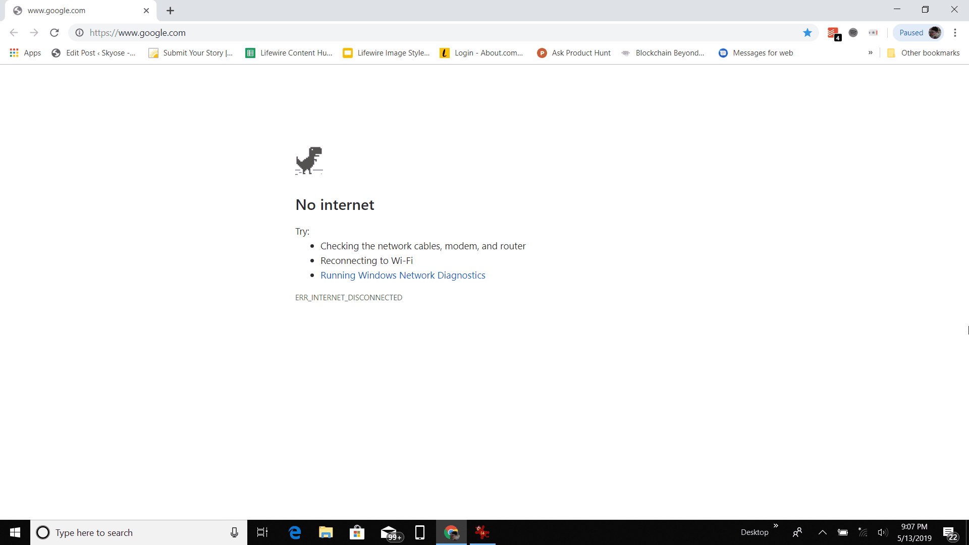 Снимок экрана: ошибка подключения к Интернету в Chrome