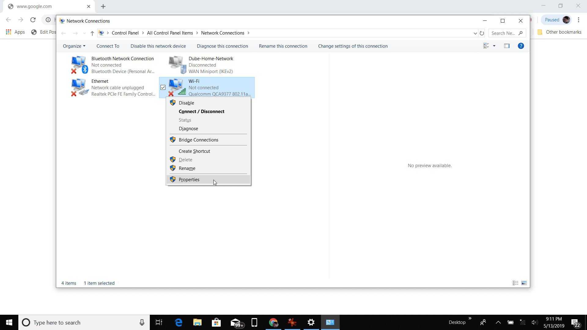 Снимок экрана свойств сетевого адаптера в Windows 10
