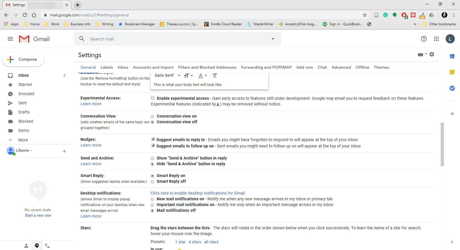 Скриншот дополнительных настроек в Gmail.