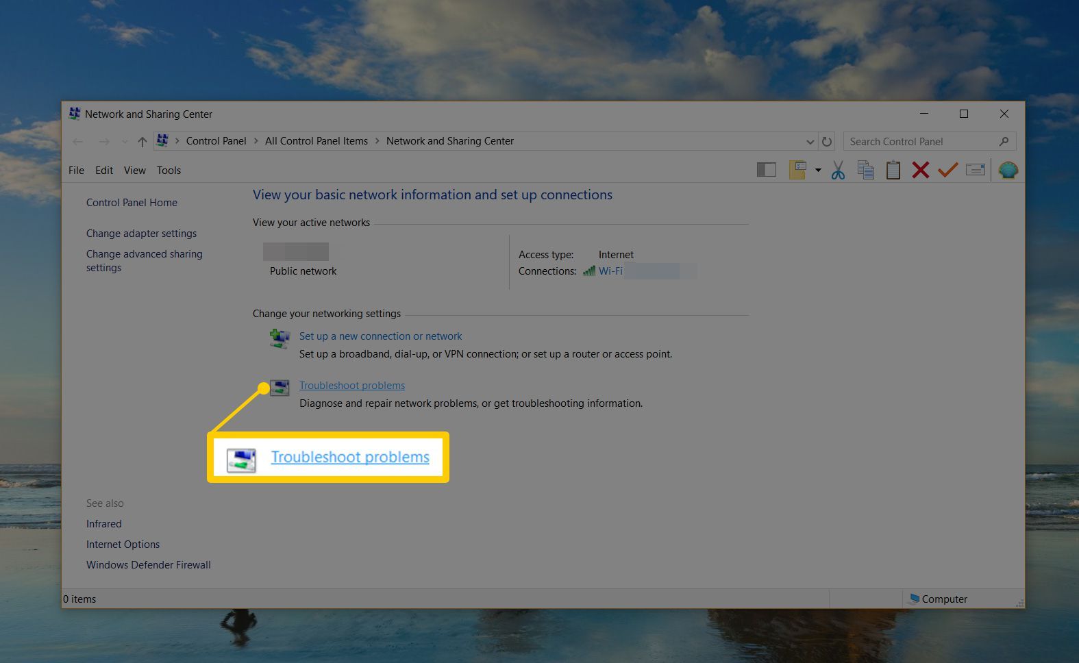 Окно устранения неполадок в Центре сетевых ресурсов и общего доступа для Windows 10