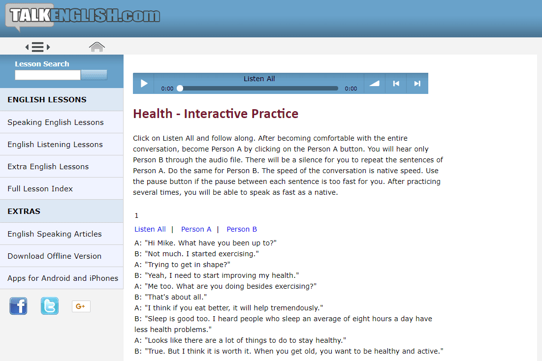Скриншот бесплатных уроков английского на talkenglish.com