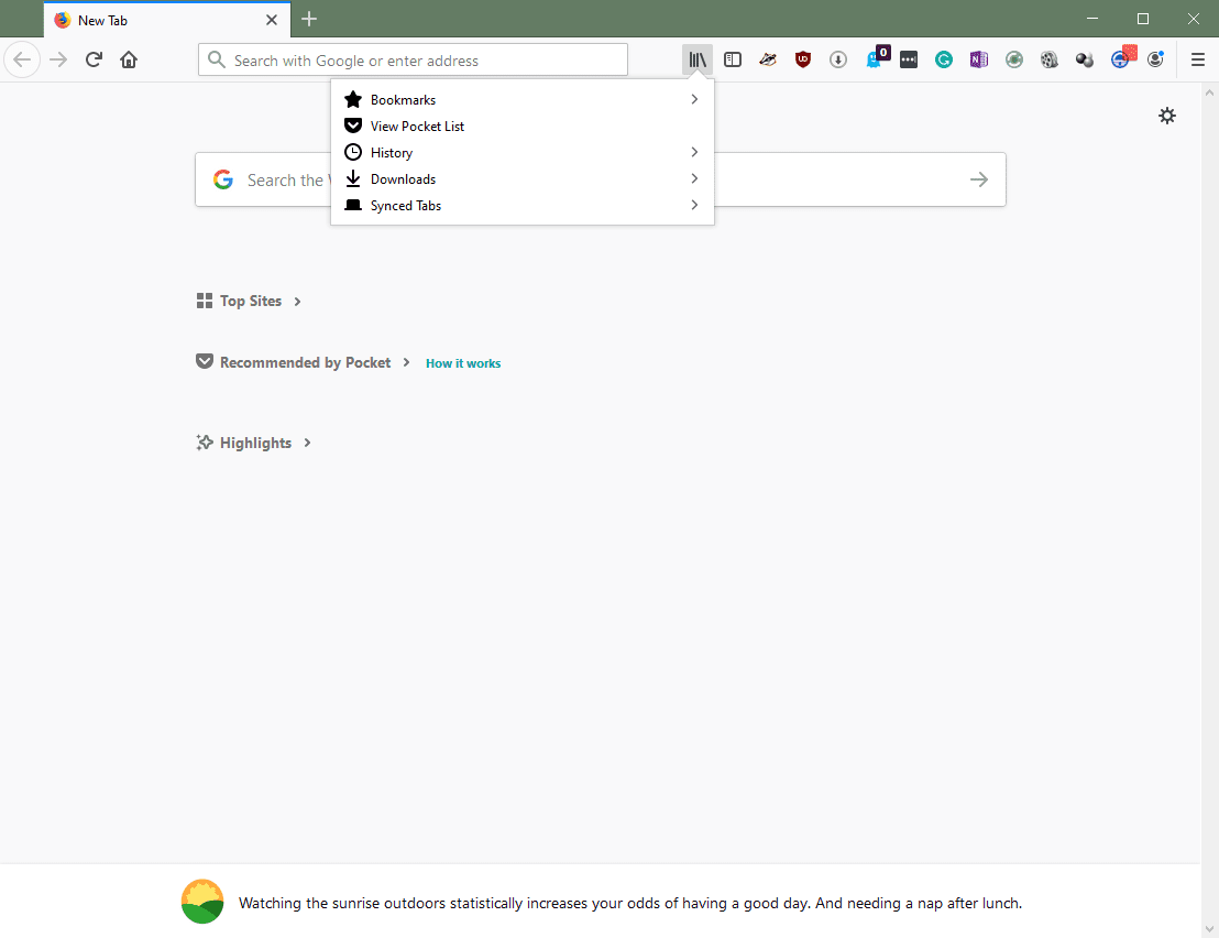 Окно Firefox с открытым всплывающим меню библиотеки