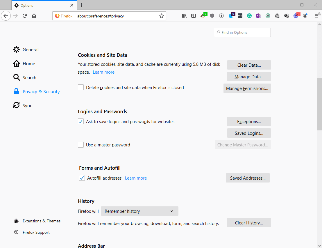 Окно настроек конфиденциальности Firefox