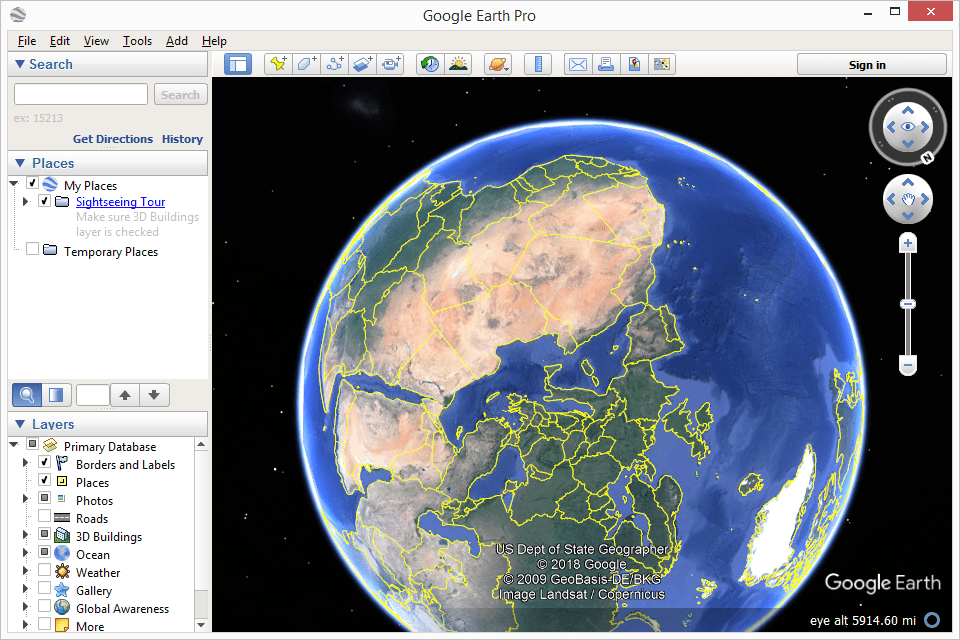 Снимок экрана программы Google Планета Земля в Windows 8