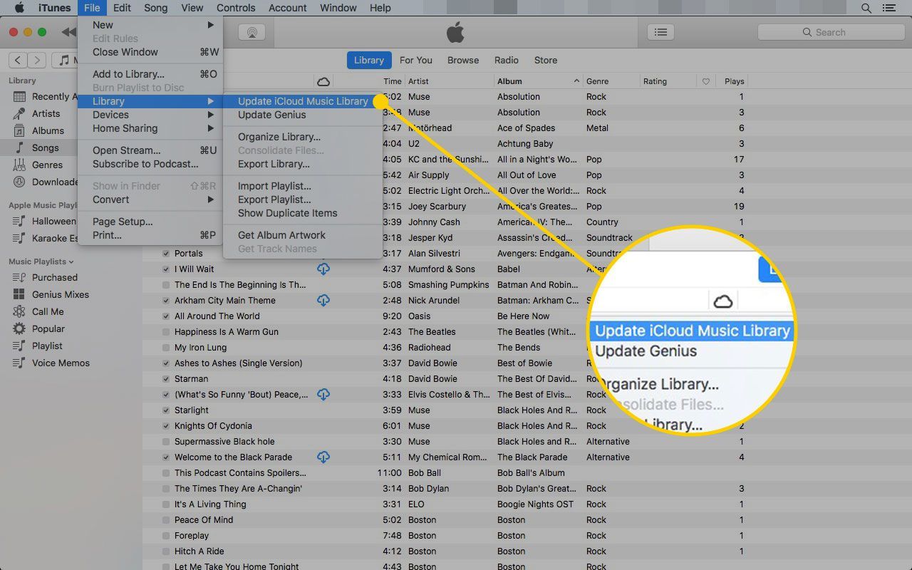 iTunes с выделенным путем к обновлению музыкальной библиотеки iCloud