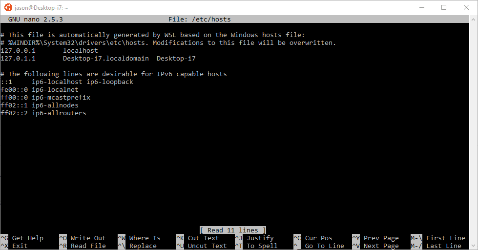 Файл / etc / hosts в NANO для Ubuntu на WSL