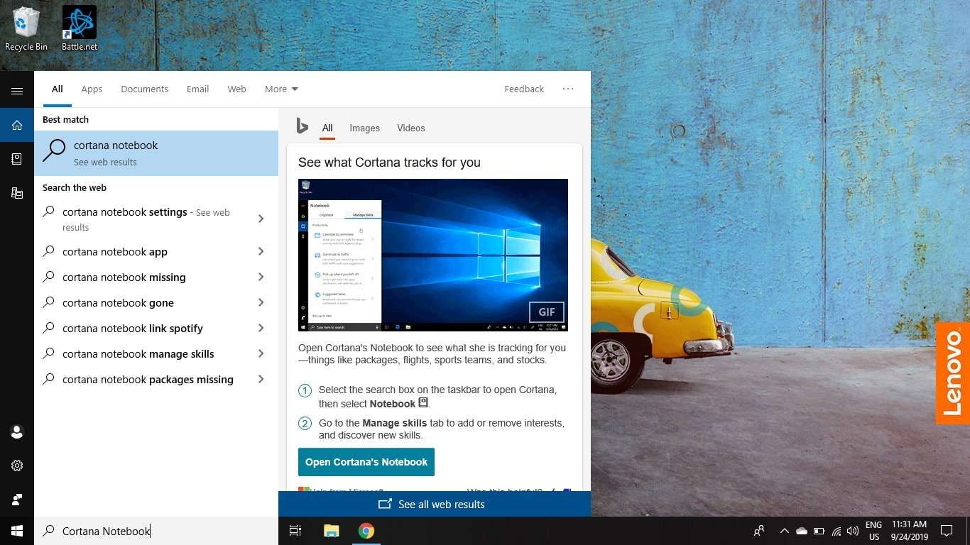 Введите блокнот Cortana в поле поиска Windows и выберите «Открыть Cortana».'s Notebook.