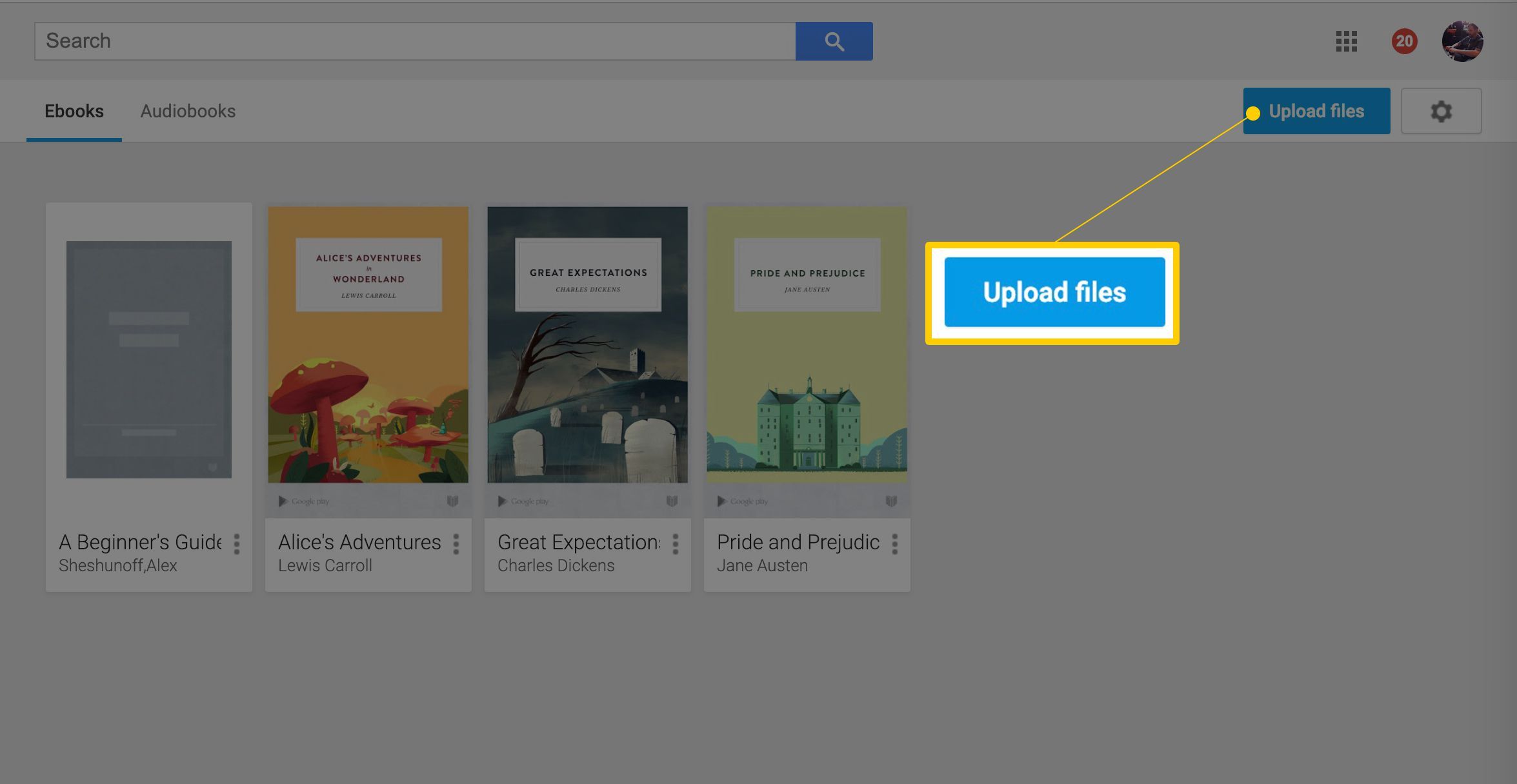 Кнопка загрузки файлов на скриншоте Google Play Книги