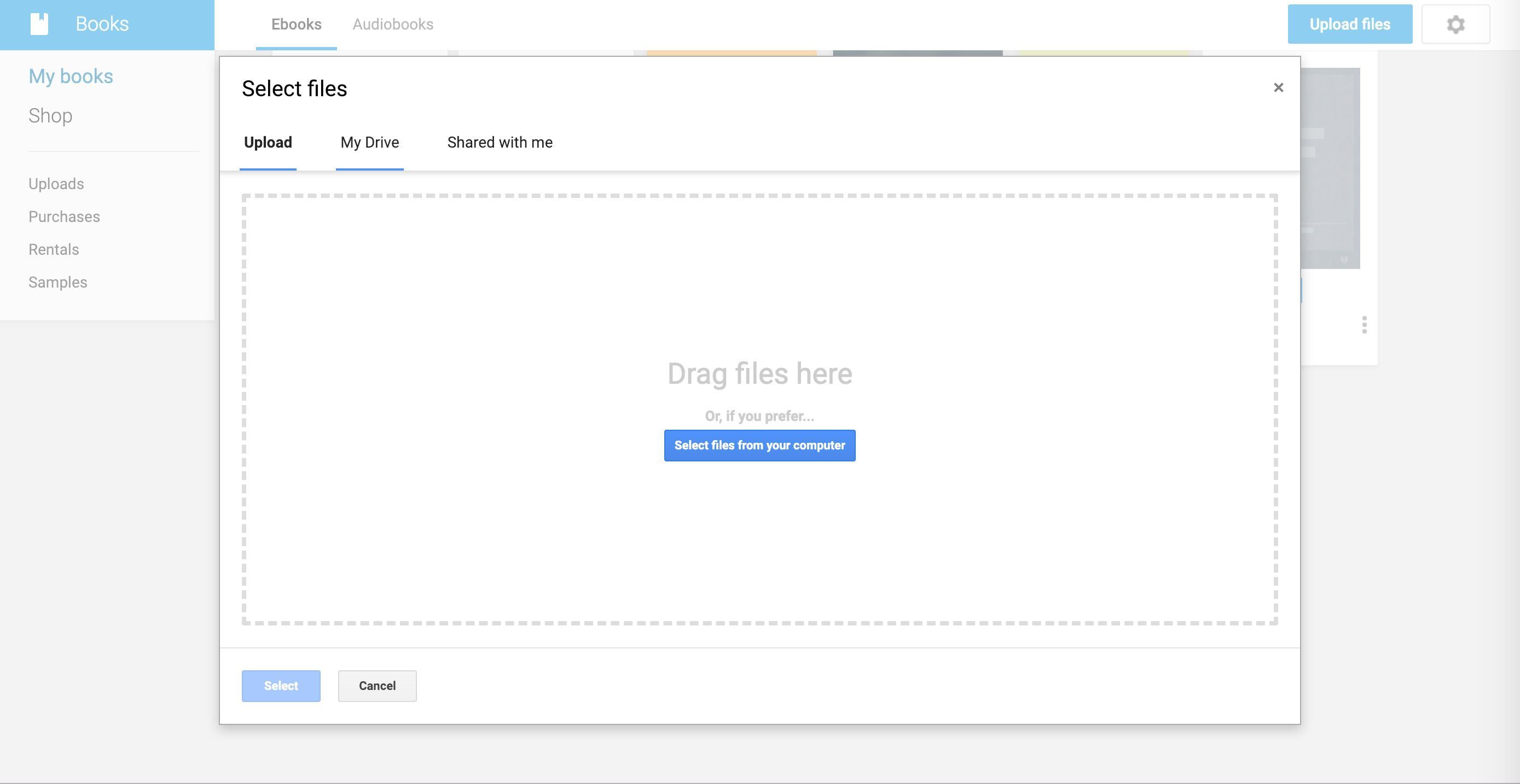скриншот - перетащите файлы сюда Интерфейс загрузки для Google Play Книги