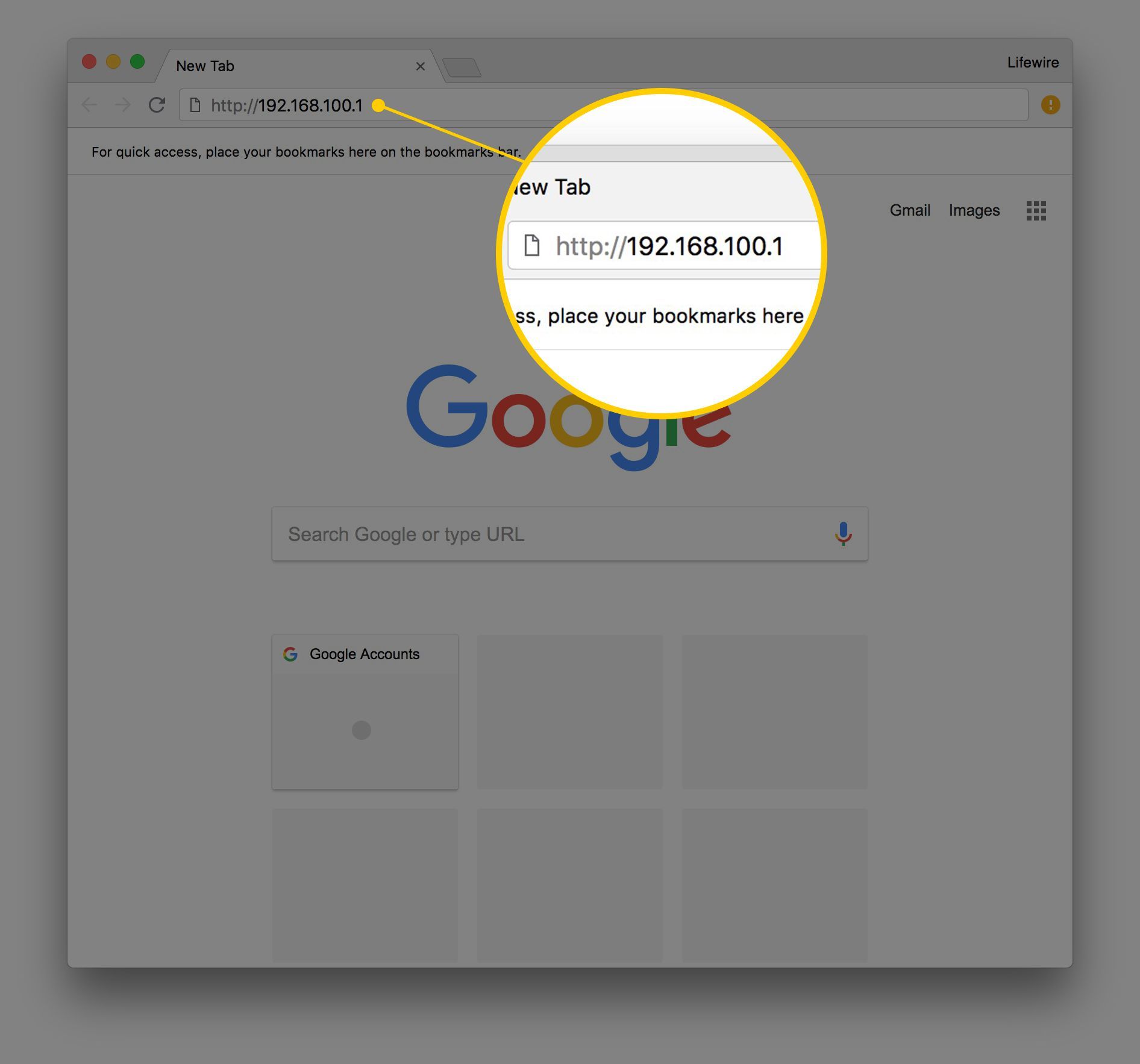 Снимок экрана с IP-адресом в адресной строке Google Chrome