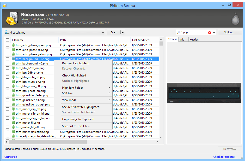 Скриншот Recuva v1.53.1087 в Windows 8