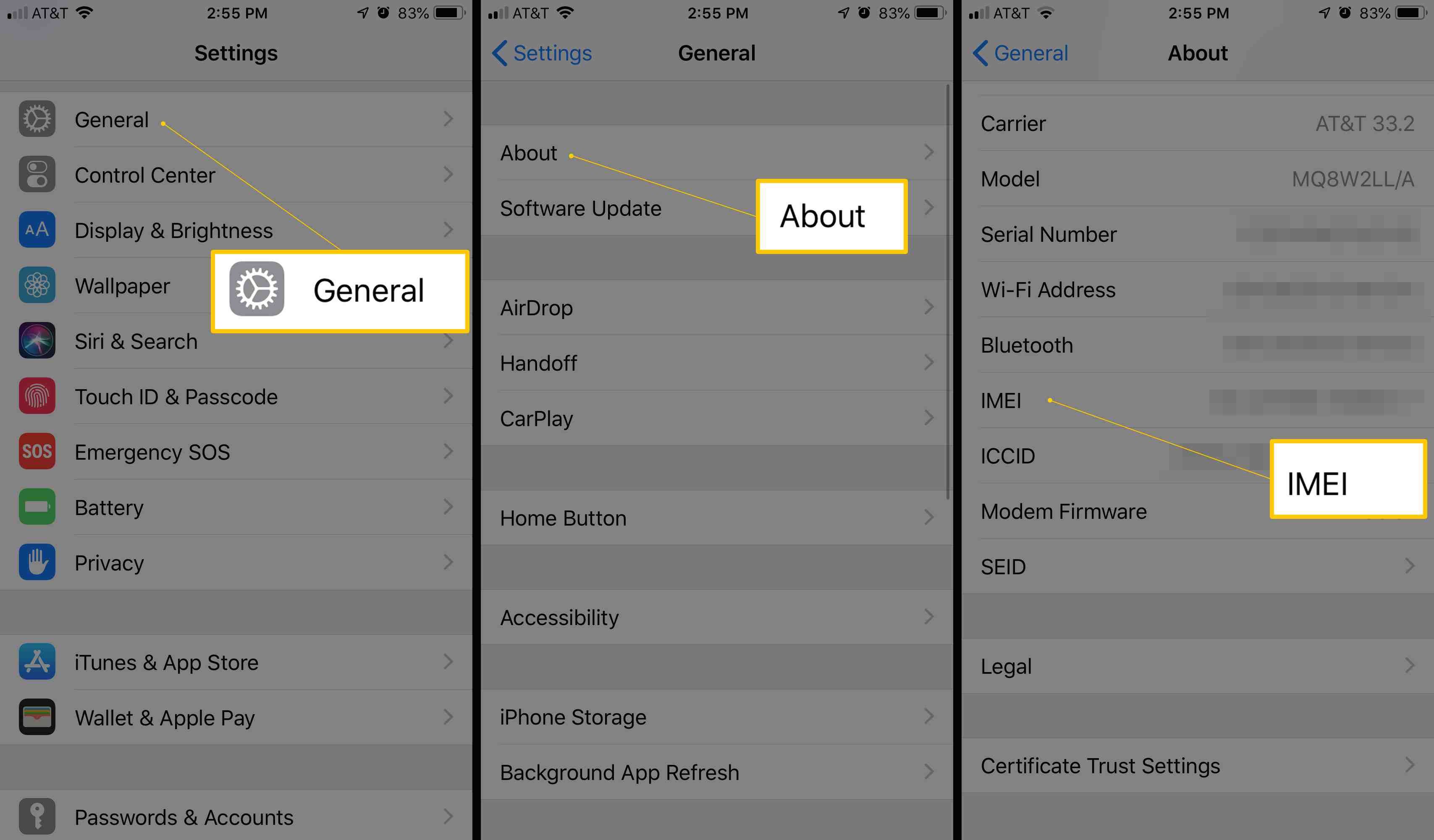 Три экрана iOS, на которых отображаются Общие, О программе и Настройки IMEI