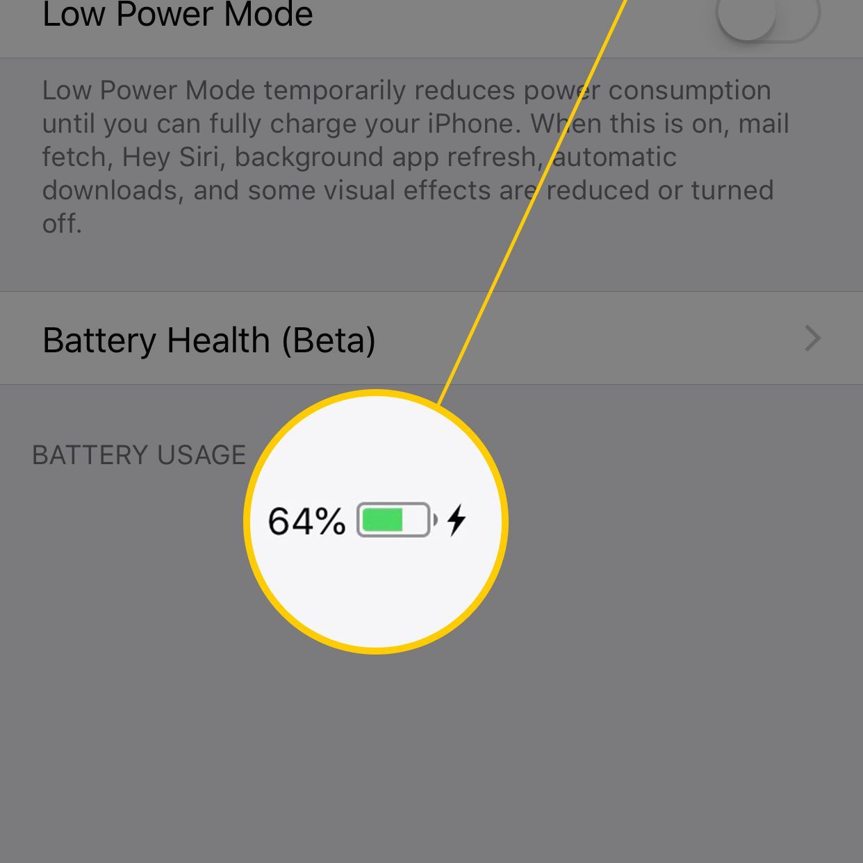 Снимок экрана настройки батареи iOS с зеленым значком батареи